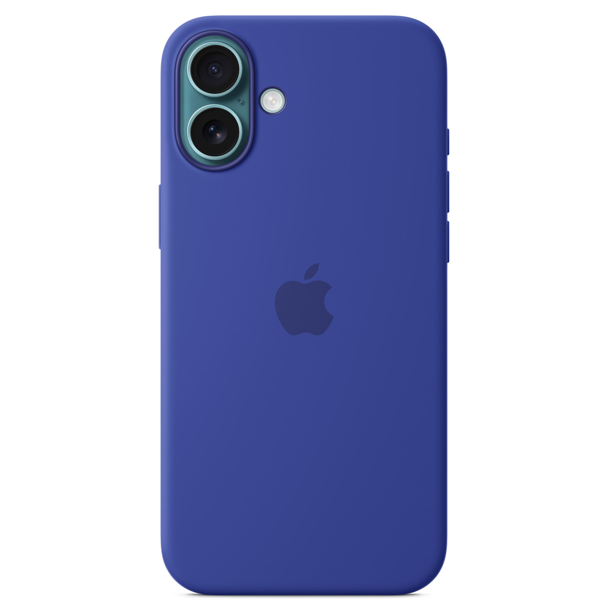 Coque bleue pour iPhone avec objectifs d'appareil photo et logo Apple. La coque est bleu uni avec le logo Apple au centre.