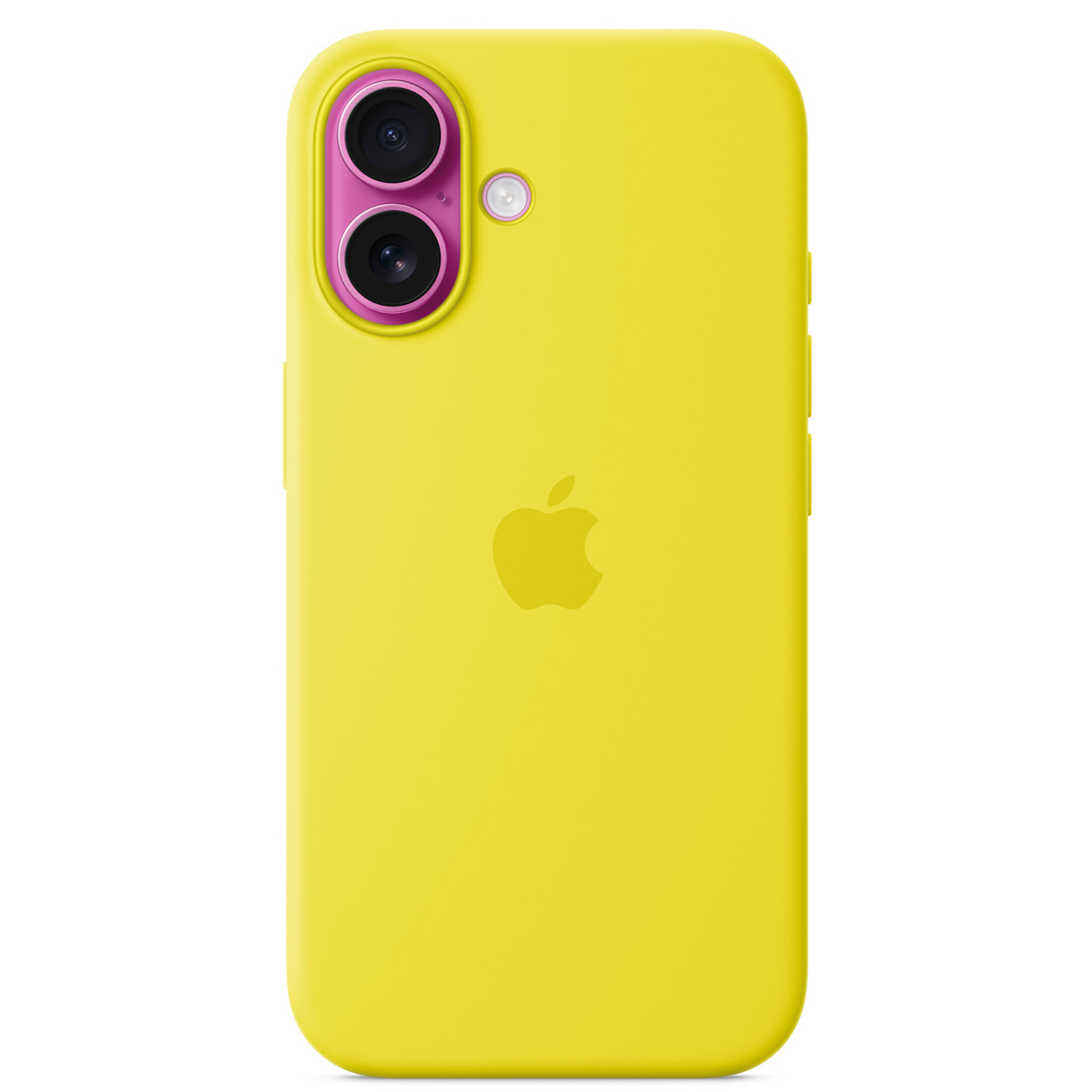 Coque iPhone jaune avec anneaux de caméra roses et logo Apple. La coque a une texture lisse.