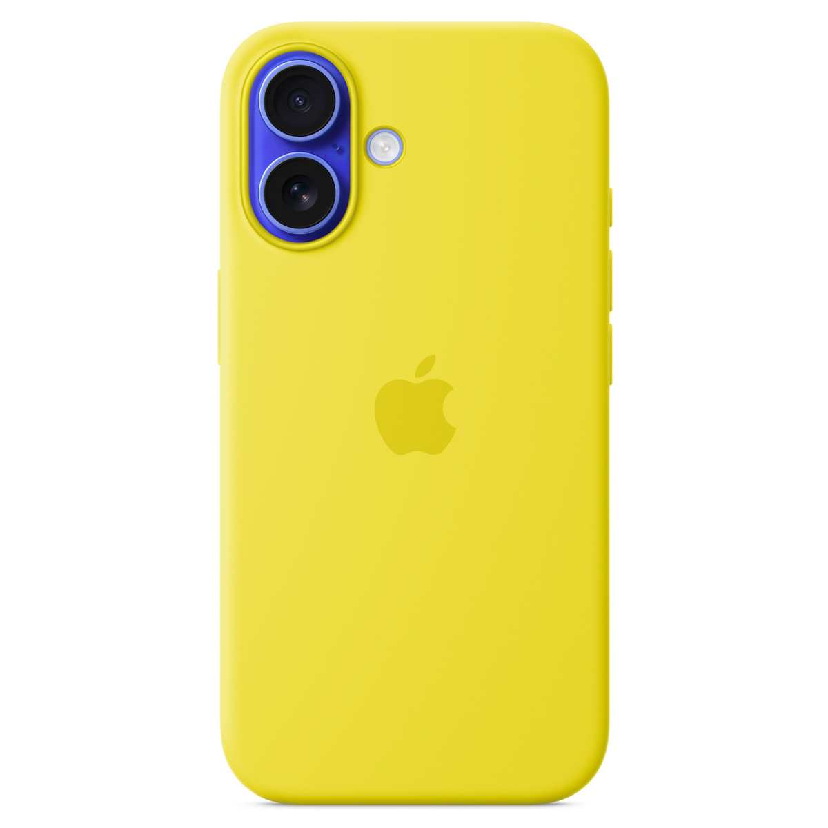 Coque iPhone jaune avec logo Apple. Doubles lentilles de caméra avec anneau bleu. Fond blanc.