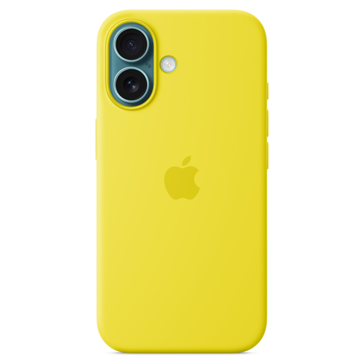 Une coque de téléphone jaune avec le logo Apple. Elle possède deux caméras et un flash en haut. Le fond est blanc.