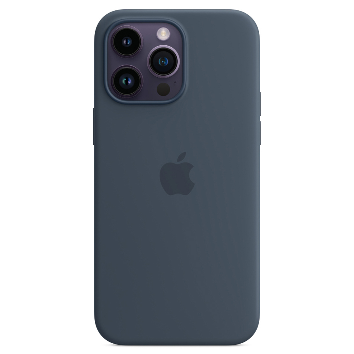 Ciemnoniebieskie etui na iPhone'a. Ma logo Apple i trzy obiektywy aparatu. Etui jest gładkie i ma gładką teksturę.