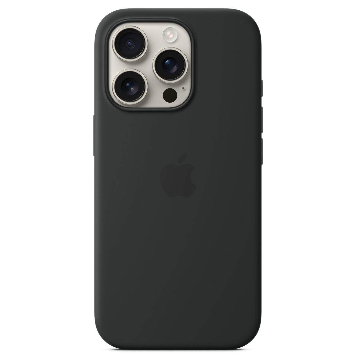 Una custodia per iPhone grigio scuro con tre obiettivi e un logo Apple. La custodia è liscia e arrotondata.