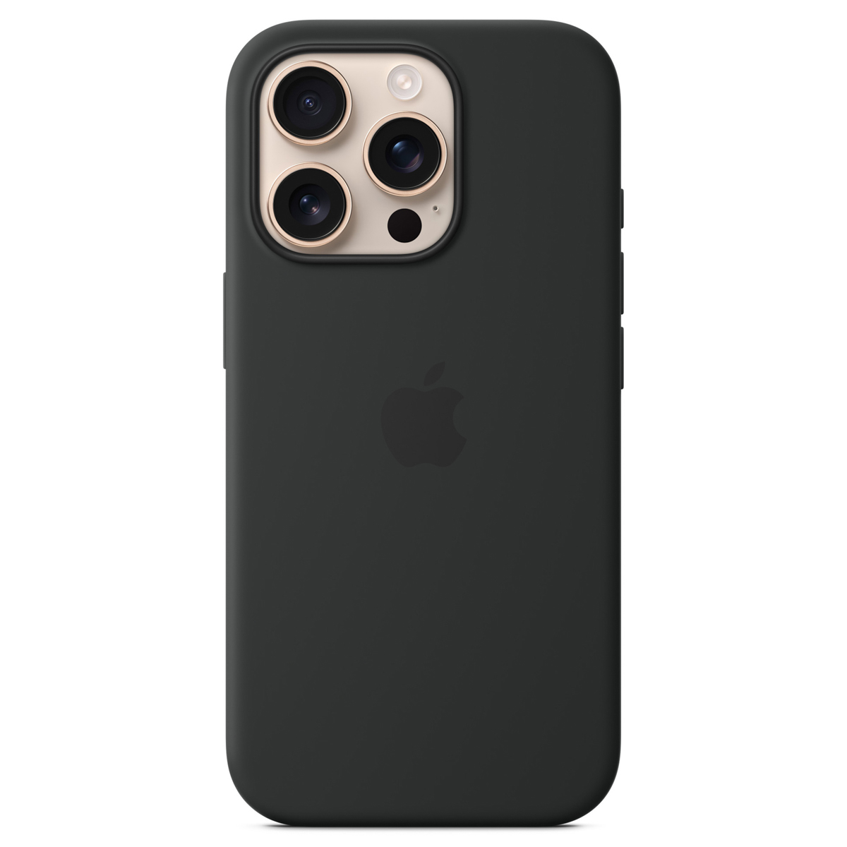 Una custodia per telefono verde scuro. Ha tre lenti della fotocamera con anelli dorati, un flash e un logo Apple sul retro.