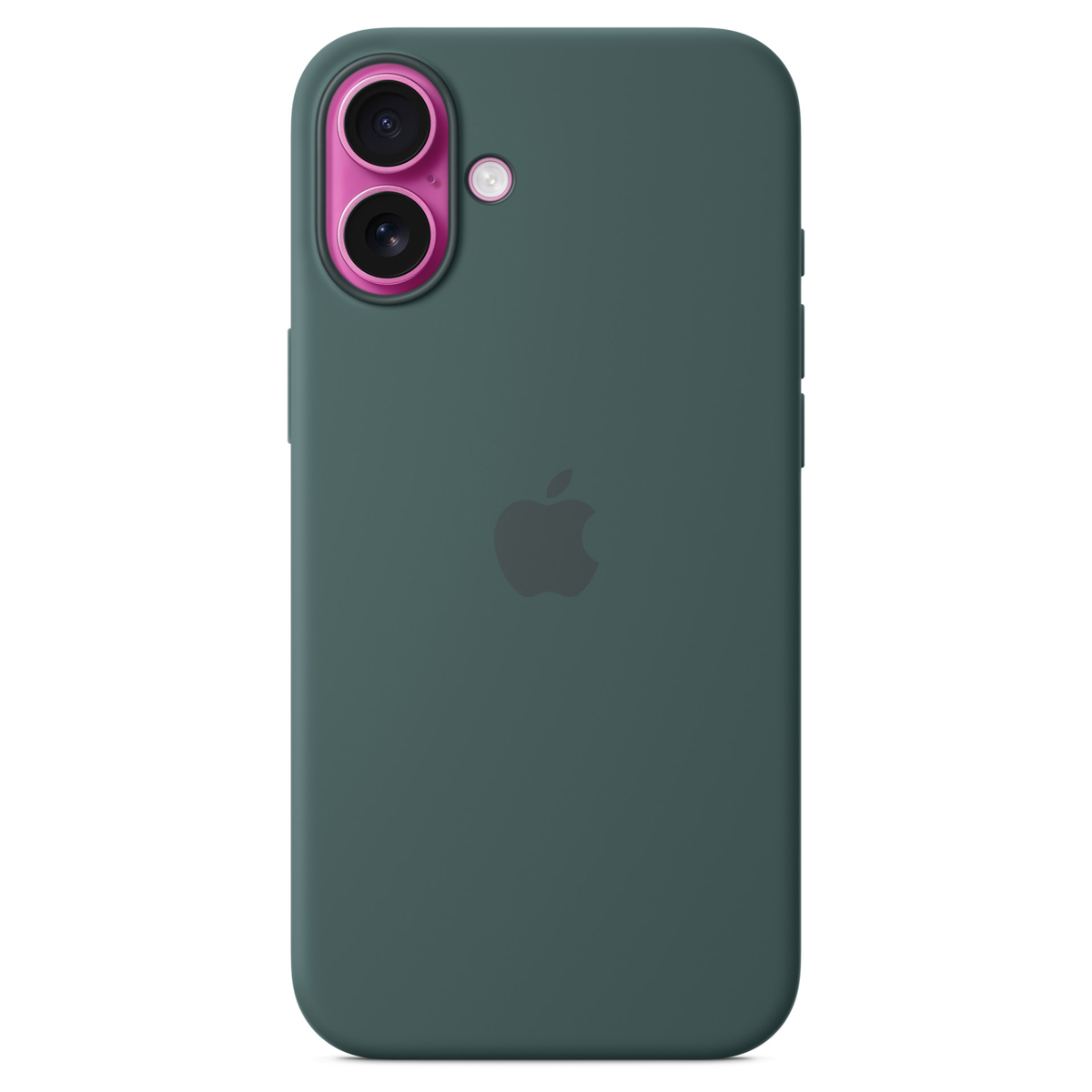 Zielone etui na telefon z różowymi akcentami kamery. Logo Apple z tyłu.