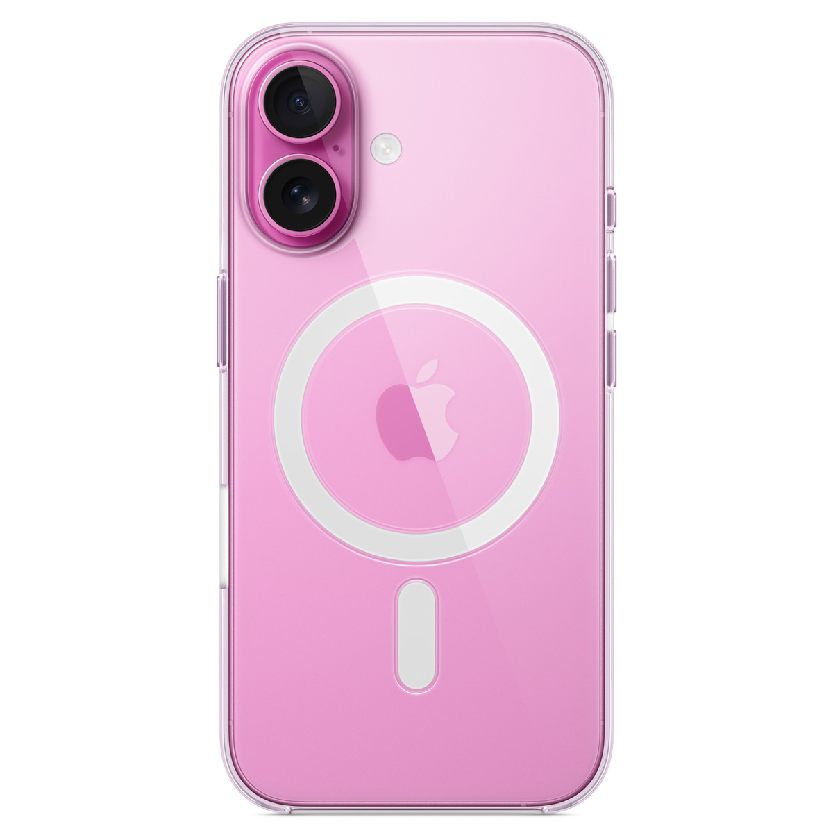Una custodia rosa per iPhone con cornice trasparente. La custodia ha un design MagSafe circolare, il logo Apple e due lenti.