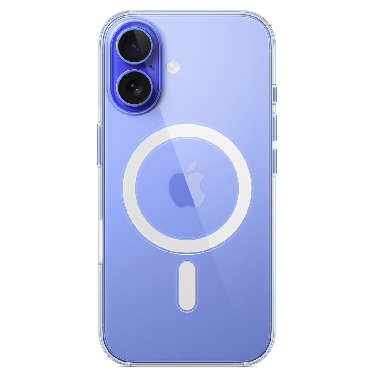 Custodia trasparente con retro blu. Due lenti della fotocamera in alto. Logo Apple al centro.