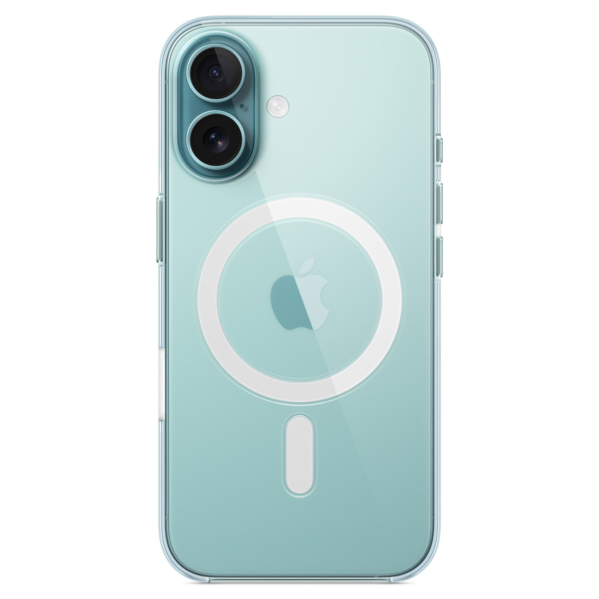 Custodia trasparente con telefono blu-verde. Ha due obiettivi, un cerchio MagSafe bianco e il logo Apple.