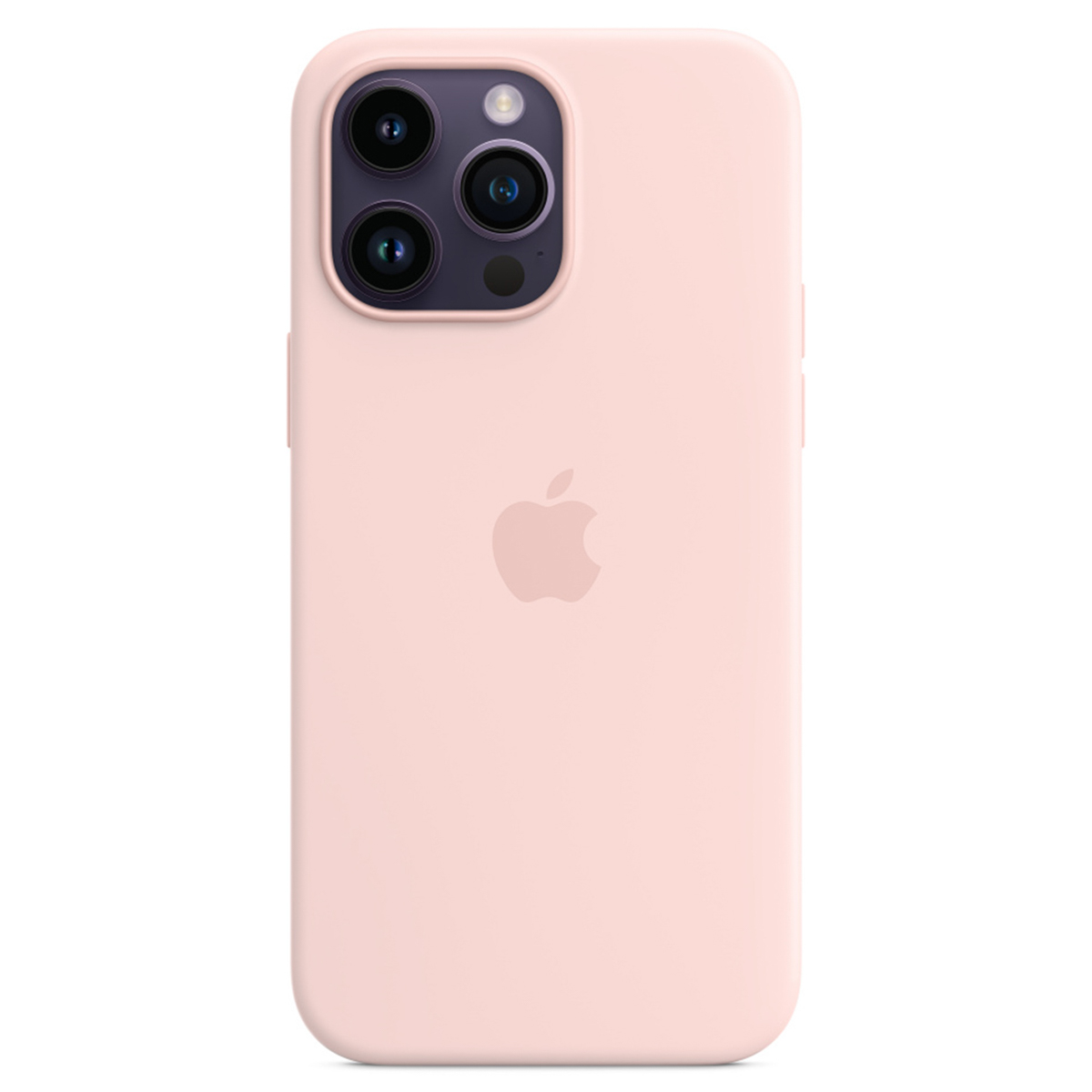Un iPhone Pro rose clair avec trois objectifs à l'arrière. Le logo Apple est au centre. Le téléphone est dans une coque rose.