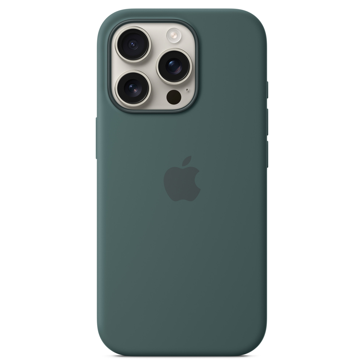 Custodia verde per telefono con lenti a tripla fotocamera e logo Apple. Design elegante, consistenza liscia e bordi arrotondati. Sfondo bianco.