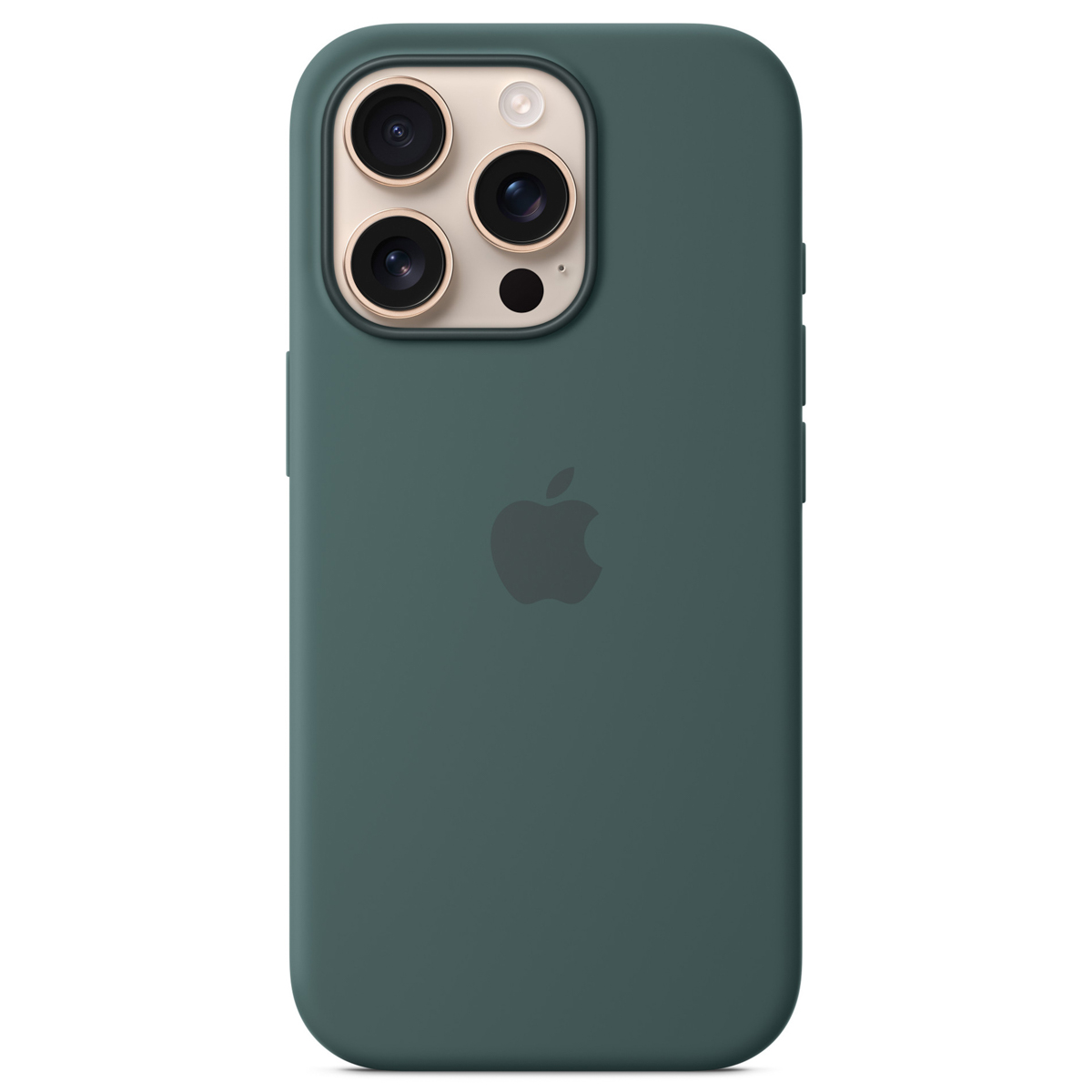 Custodia verde scuro per iPhone 13 Pro. Con logo Apple e modulo fotocamera a tre lenti e flash.