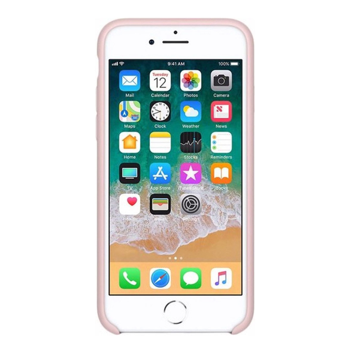 A white iPhone with a pink case displays app icons. The screen shows the time and date. The background is a light sandy color.