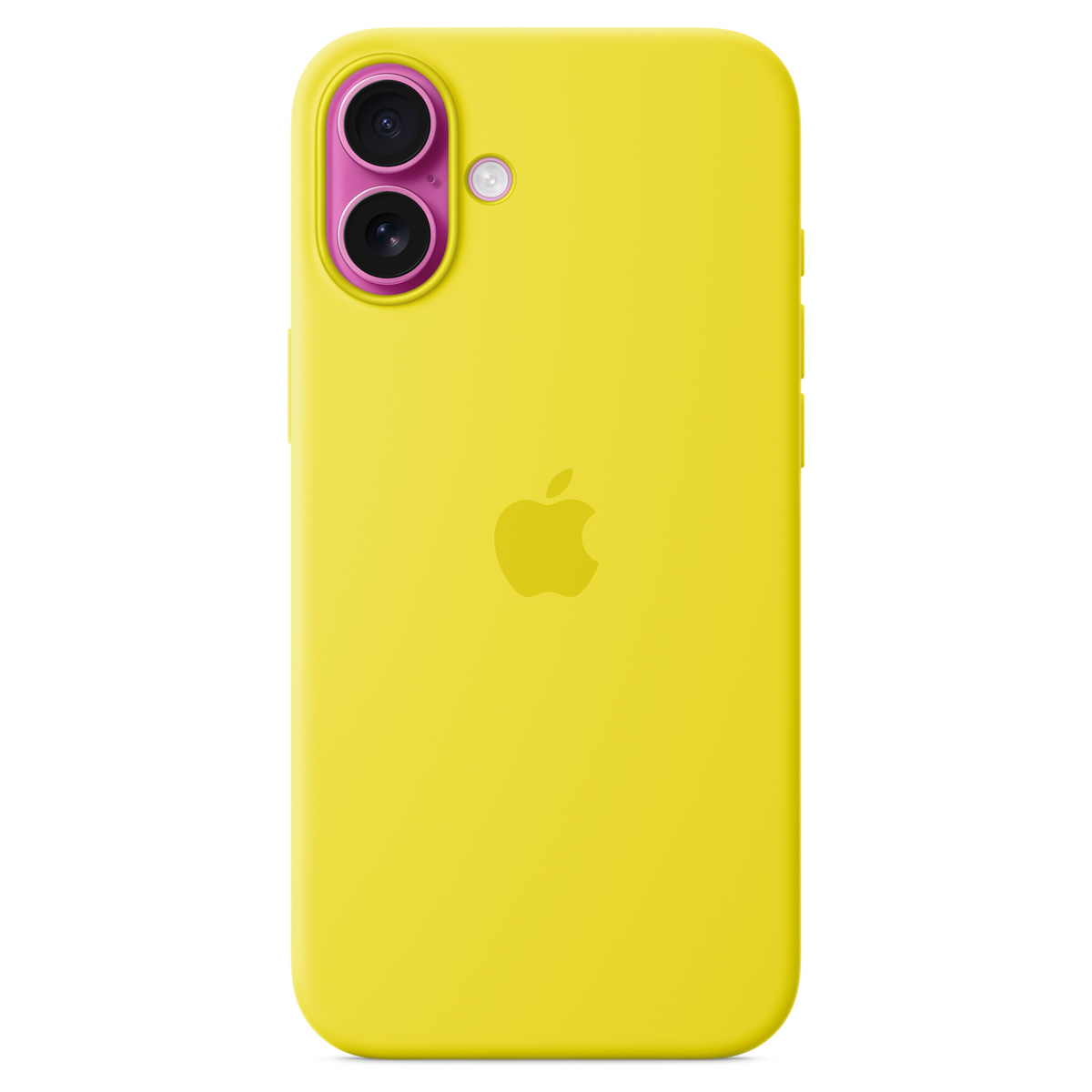 Une coque jaune pour iPhone avec deux lentilles d'appareil photo dans un cadre rose, un logo Apple et un petit flash.
