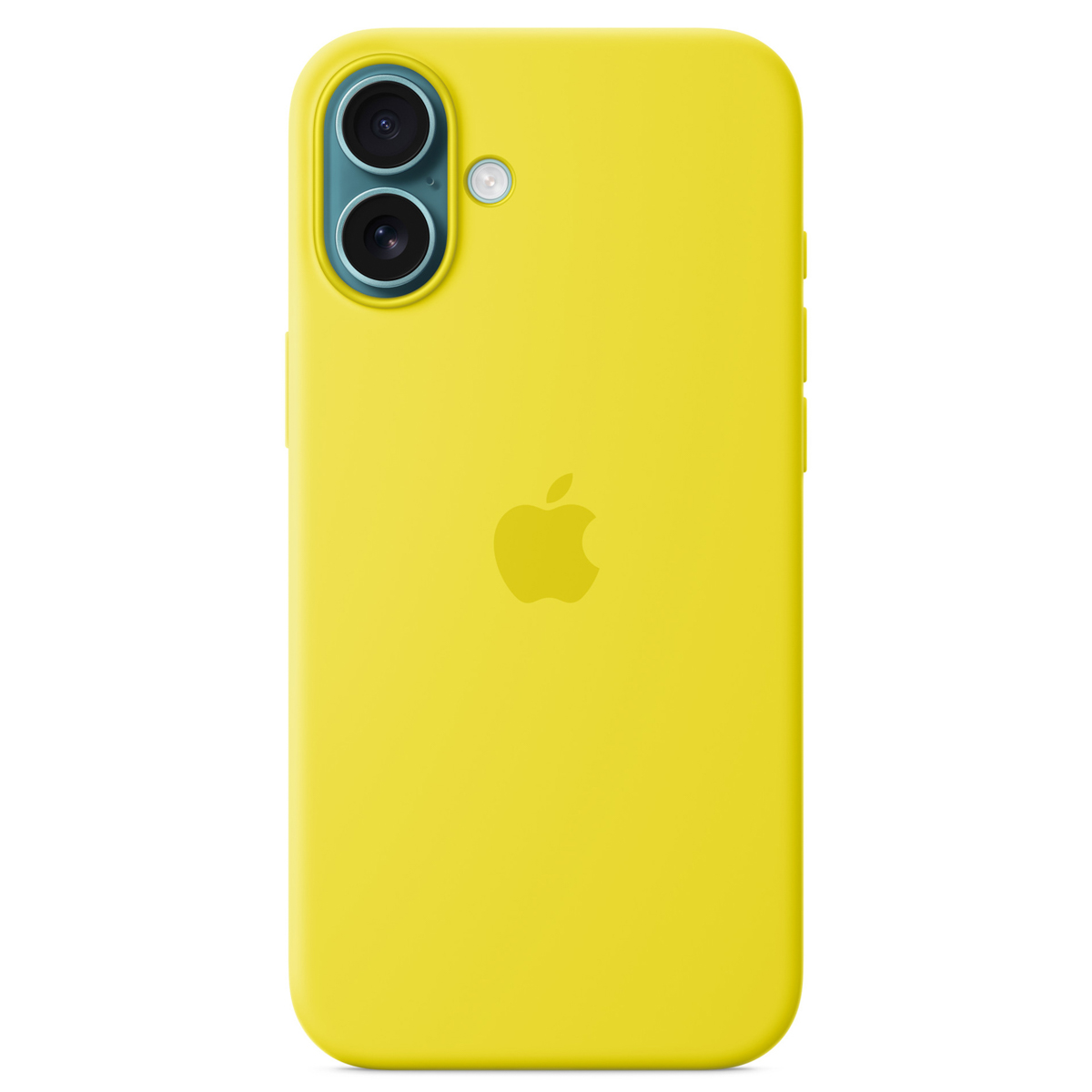 Une coque d'iPhone jaune. Le dos comporte le logo Apple et un module caméra avec deux lentilles et un flash.