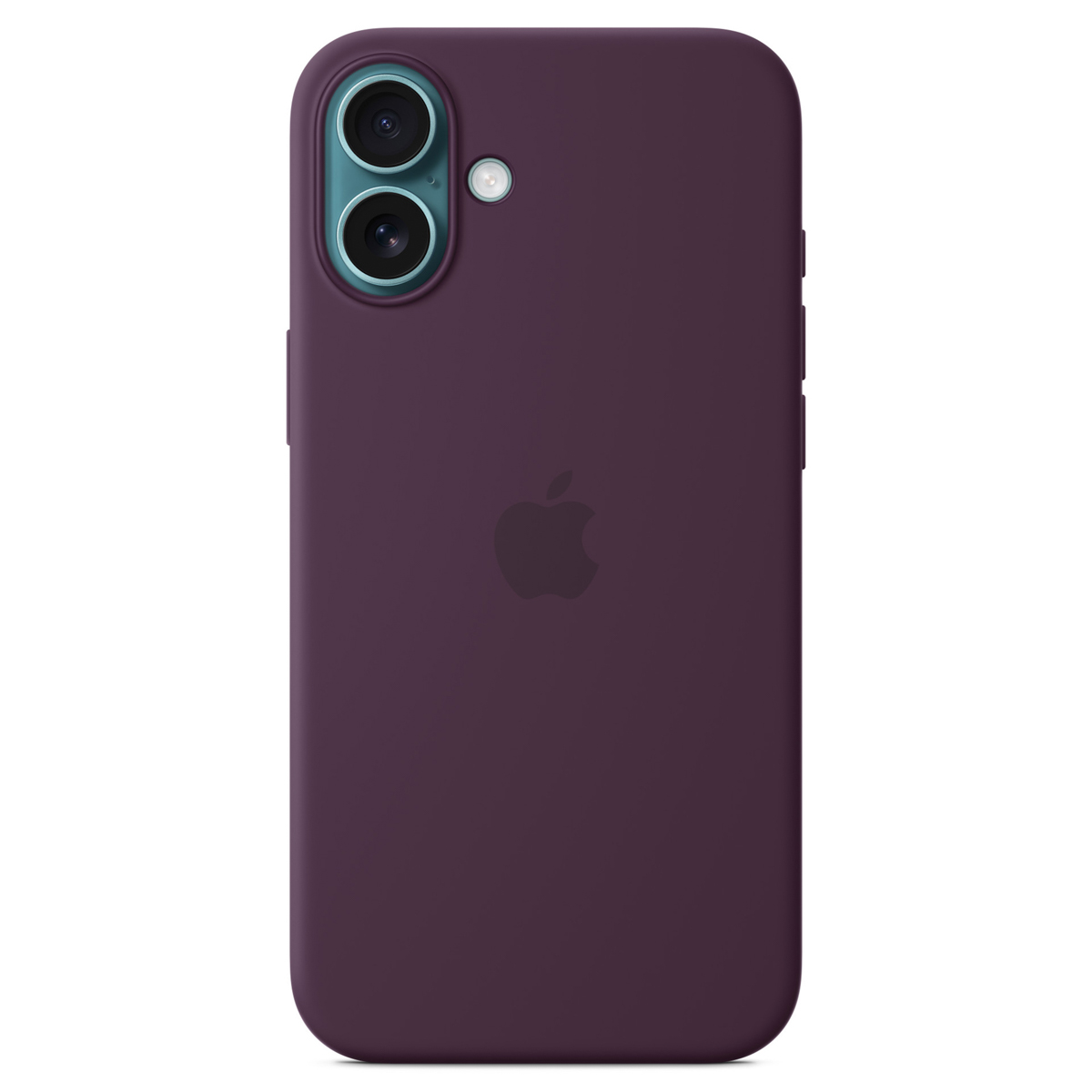 Ciemnofioletowe etui na telefon. Ma wypukłość aparatu z dwoma obiektywami i lampą błyskową. Logo Apple jest wyśrodkowane z tyłu.