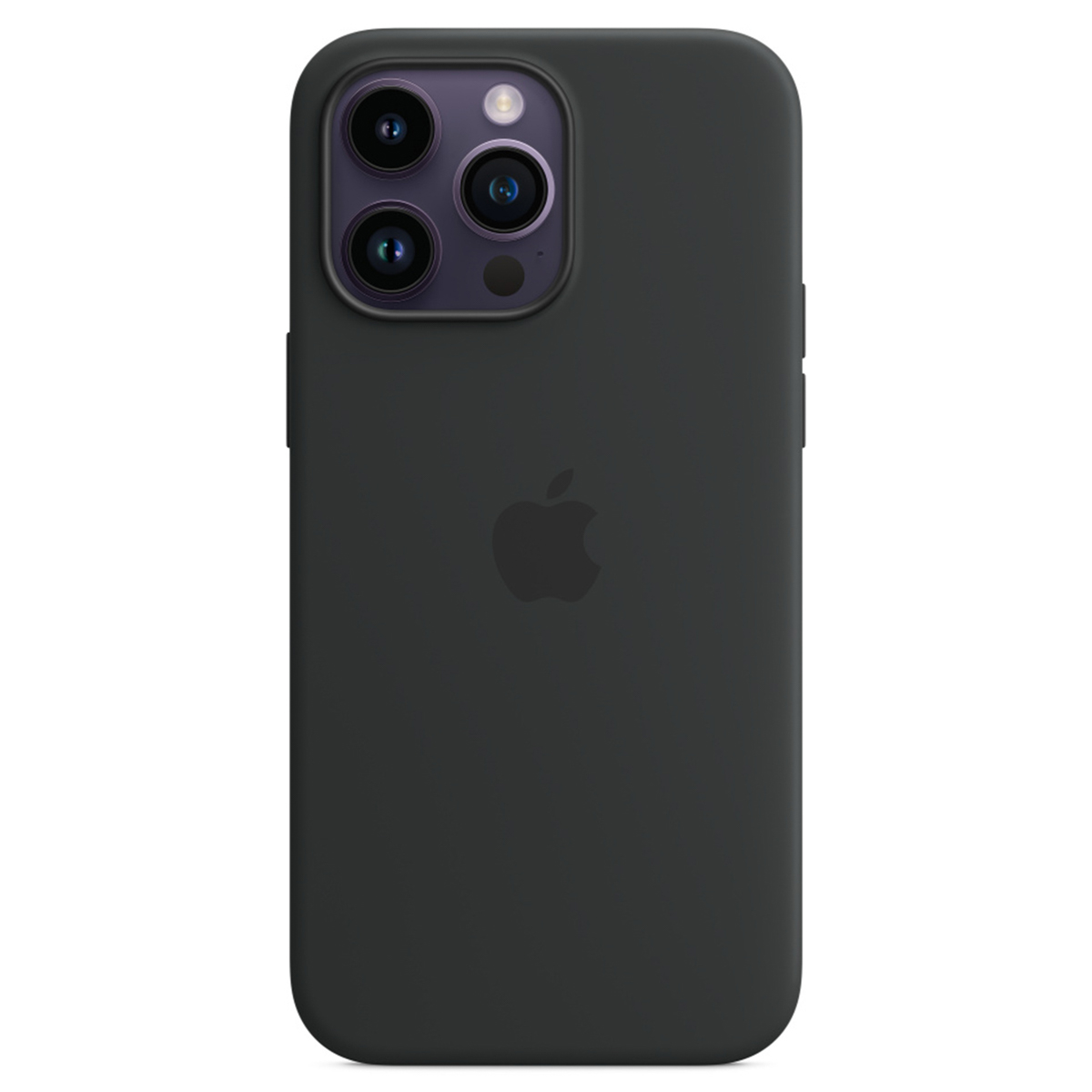 Ciemnoszare etui na iPhone z logo Apple. Trzy obiektywy aparatu i lampa błyskowa u góry.
