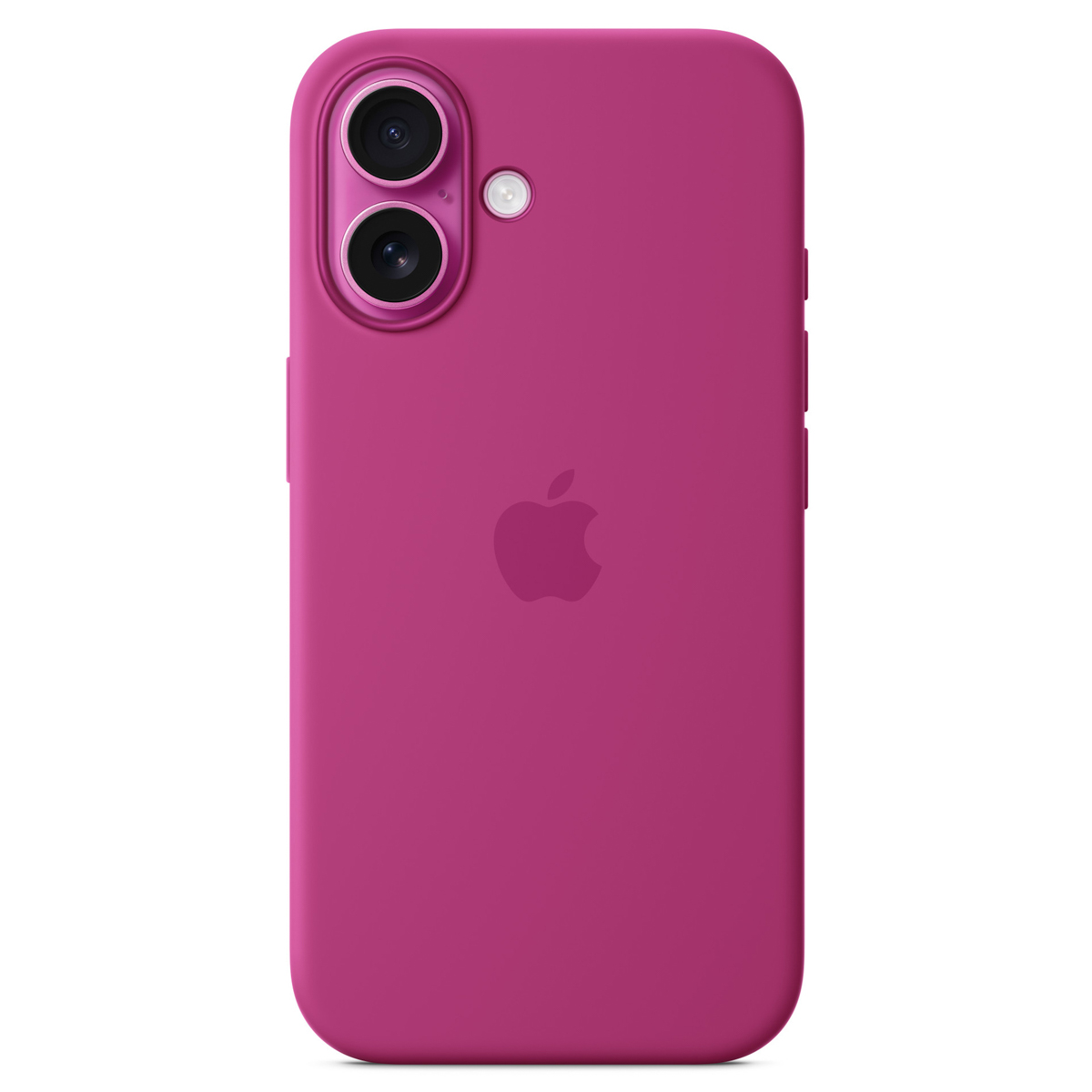 Eine magenta iPhone-Hülle mit zwei Kameras, Blitz und Apple-Logo. Die Hülle hat eine einfarbige, lebendige Farbe.