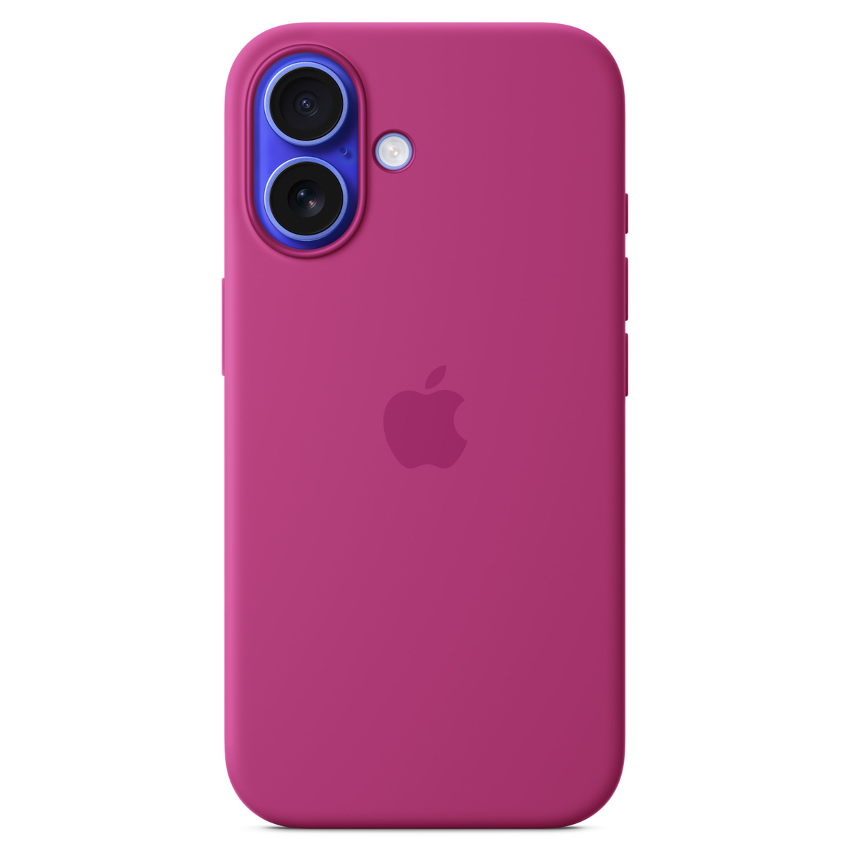 Eine magentafarbene Handyhülle mit dem Apple-Logo. Sie hat zwei Kameraobjektive und einen Blitz. Der Hintergrund ist weiß.