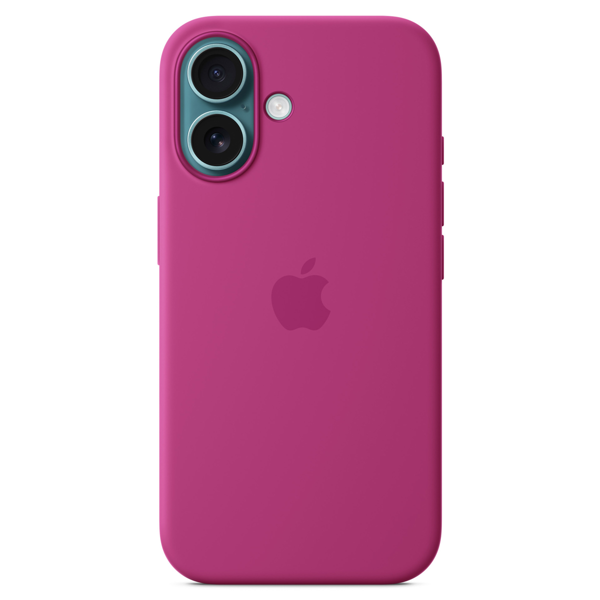 Eine magentafarbene Handyhülle mit Apple-Logo, Kameramodul mit zwei Linsen und Blitz. Die Hülle ist glatt und fest.