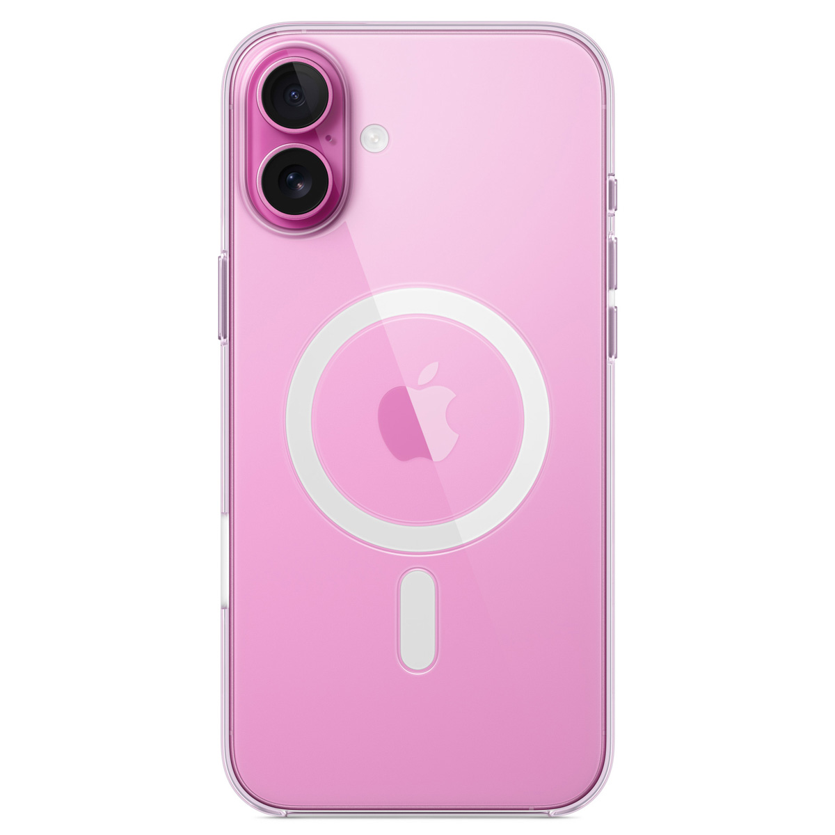 Un iPhone rosa in una custodia trasparente. Sul retro del telefono è presente il logo Apple. La fotocamera è in alto.