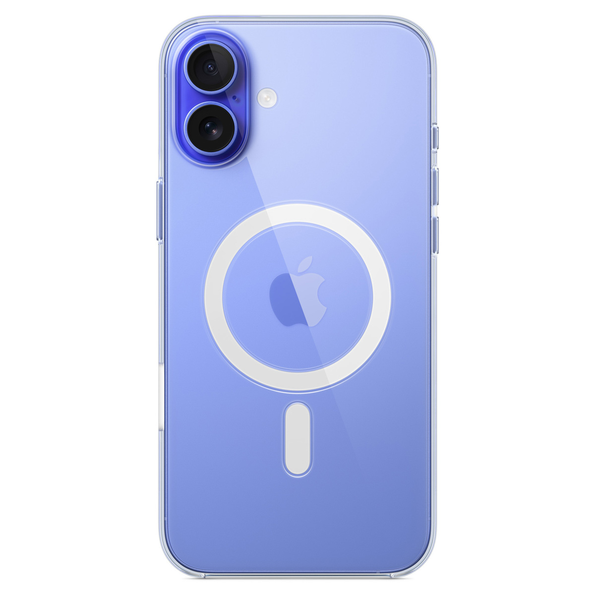 Viene mostrata una custodia trasparente per iPhone che mostra un telefono viola. La custodia ha un cerchio bianco con il logo Apple e un rettangolo verticale bianco.