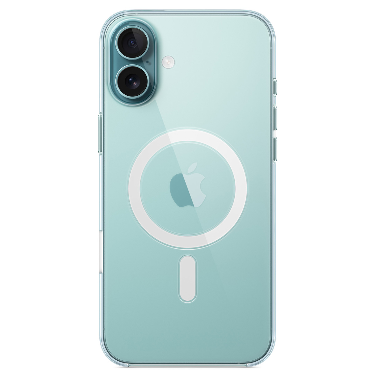 Una custodia trasparente per iPhone con retro verde acqua. Ha un cerchio MagSafe bianco e un logo Apple. Sono visibili due fotocamere.
