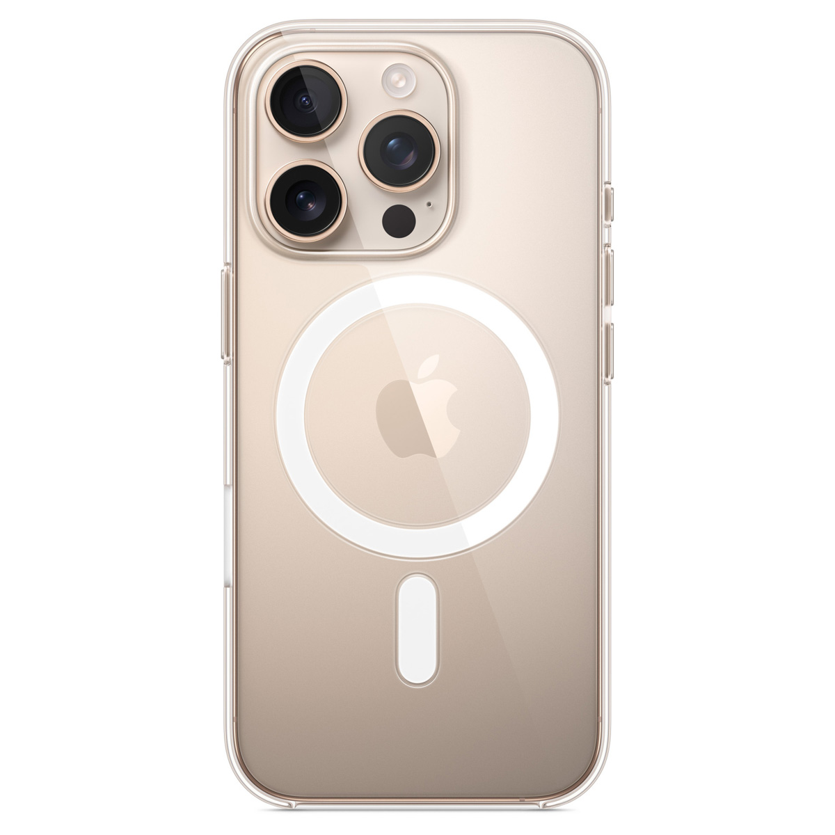 Una funda transparente para teléfono con una protuberancia para la cámara. La parte trasera tiene un anillo MagSafe blanco y el logotipo de Apple, además de una raya vertical blanca.