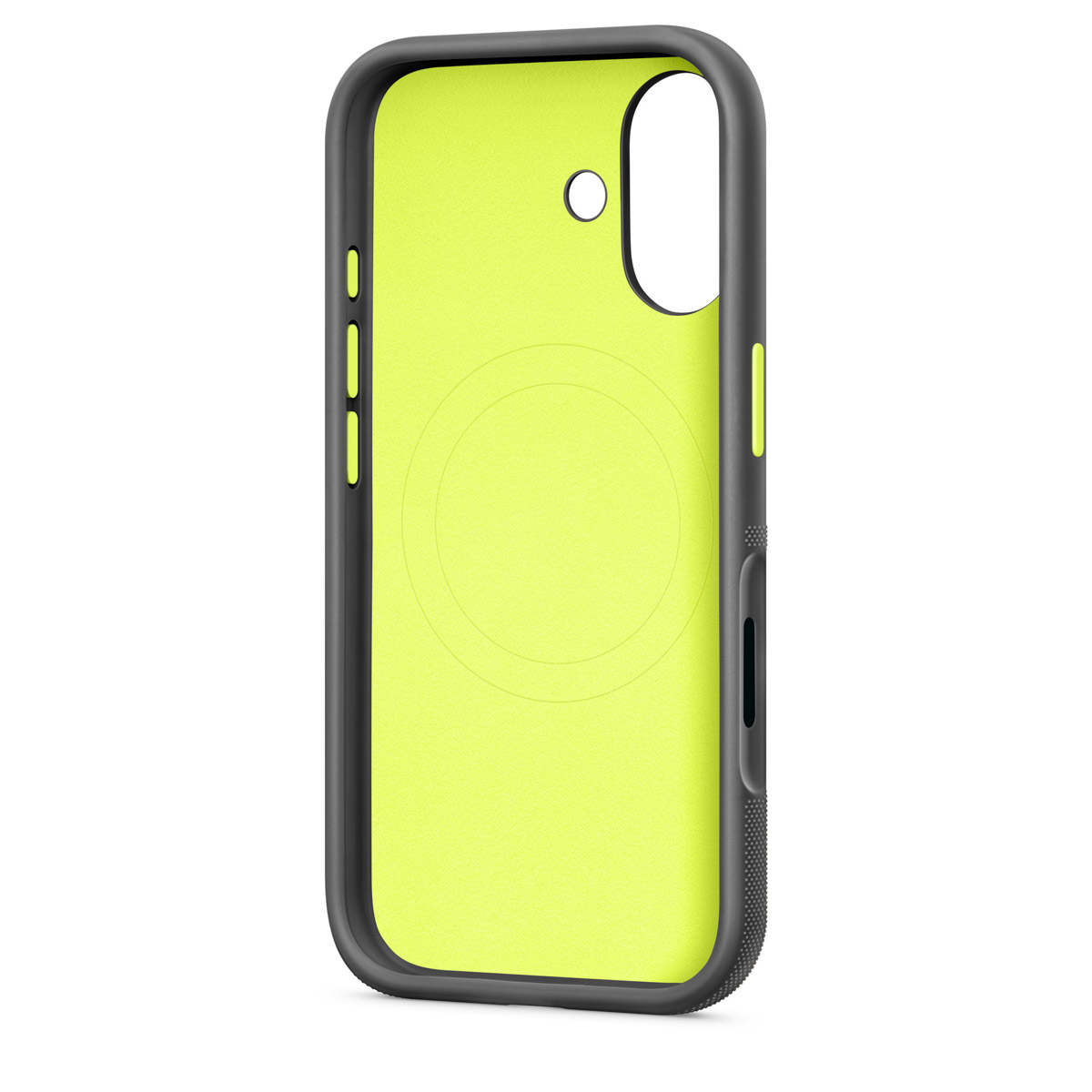 Etui na telefon, czarna ramka z neonowo-żółtym wnętrzem. Ma wycięcia na aparat i przyciski.