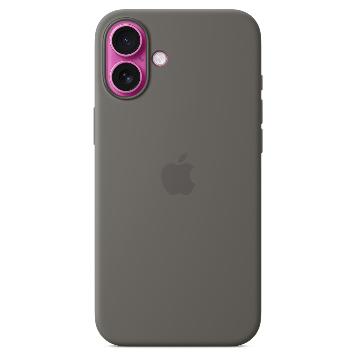 Une coque de téléphone grise avec un anneau de caméra rose et un logo Apple. La coque a une texture lisse.