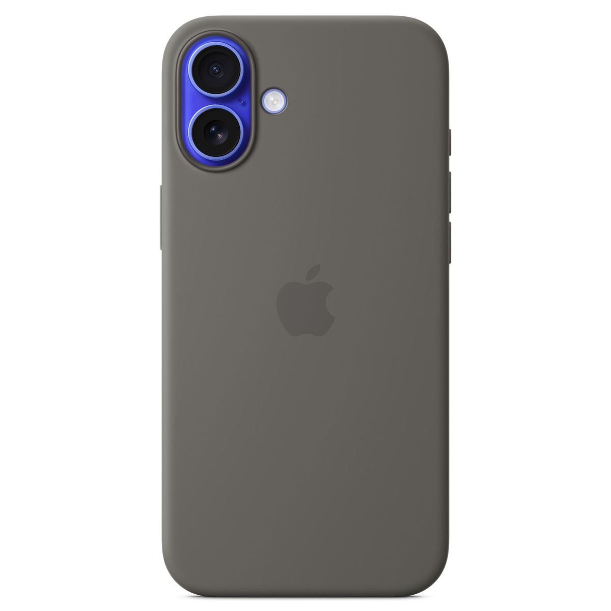 Une coque de téléphone grise avec un appareil photo à double objectif et un logo Apple. Les lentilles ont un accent bleu. Le fond est blanc.