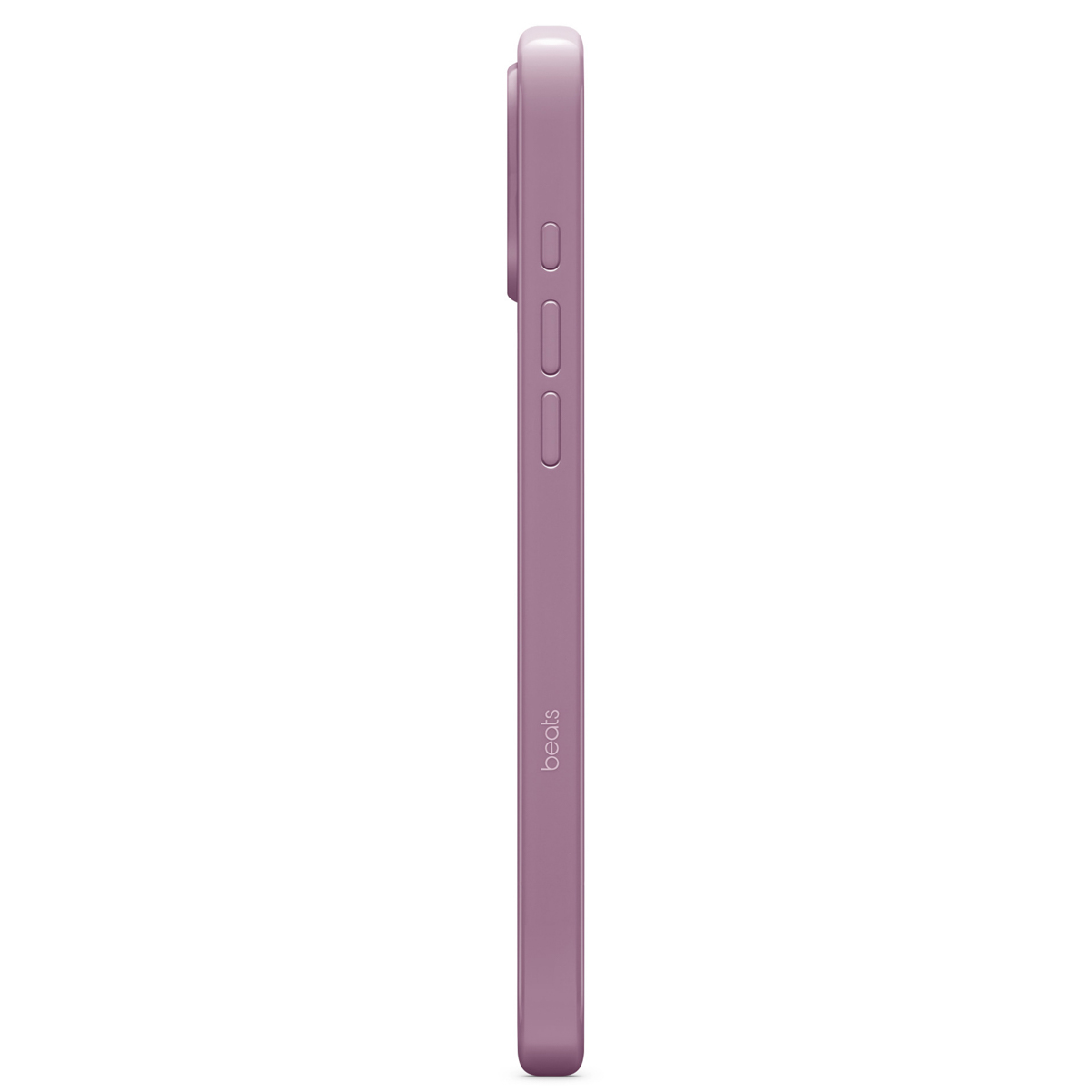 Zijaanzicht van een mauve telefoonhoesje. Het heeft volumeknoppen en het Beats-logo. De hoes zit op een witte achtergrond.