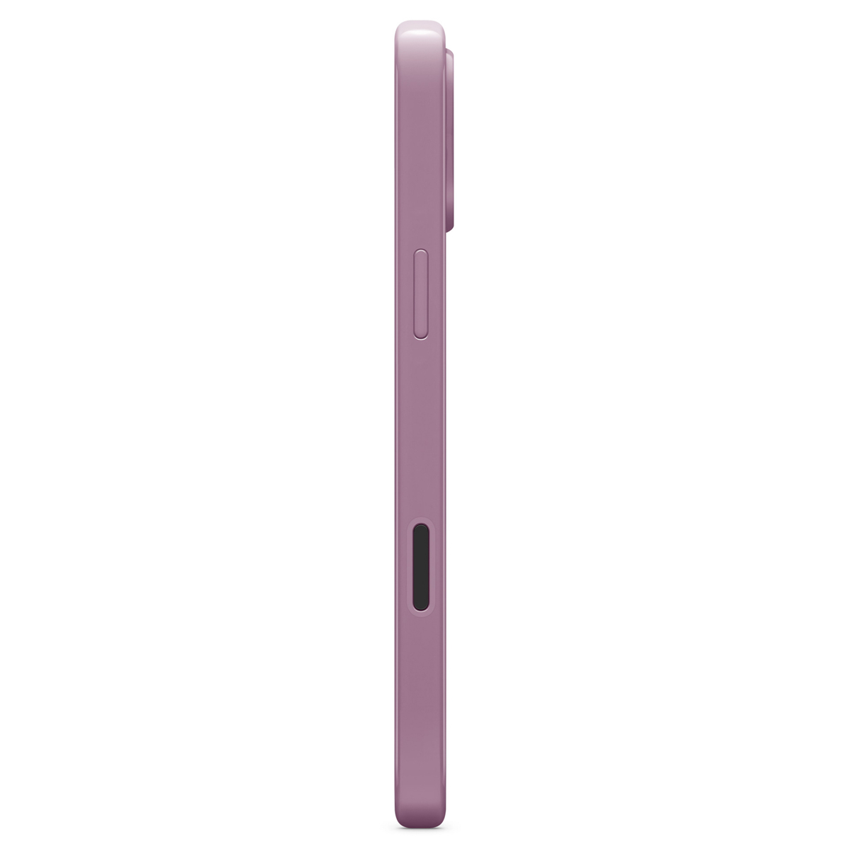Een zijaanzicht van een paarse telefoonhoes. Het heeft een knop, een lang gat en een camerabult. De achtergrond is wit.