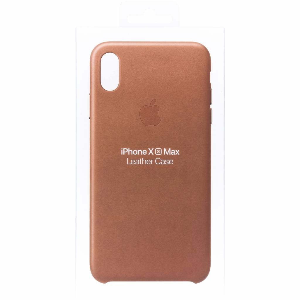A brown iPhone X Max leather case in a transparent package. The Apple logo and text are visible.