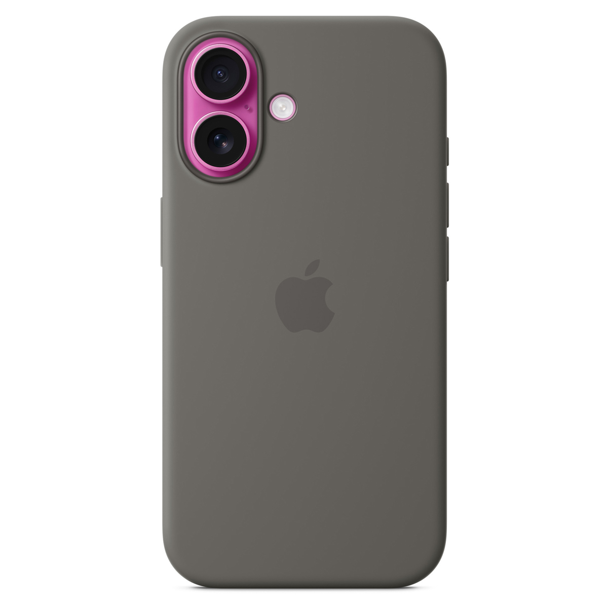 Una custodia grigia con un anello rosa per la fotocamera. Il logo Apple è visibile. La custodia è di un colore unico.