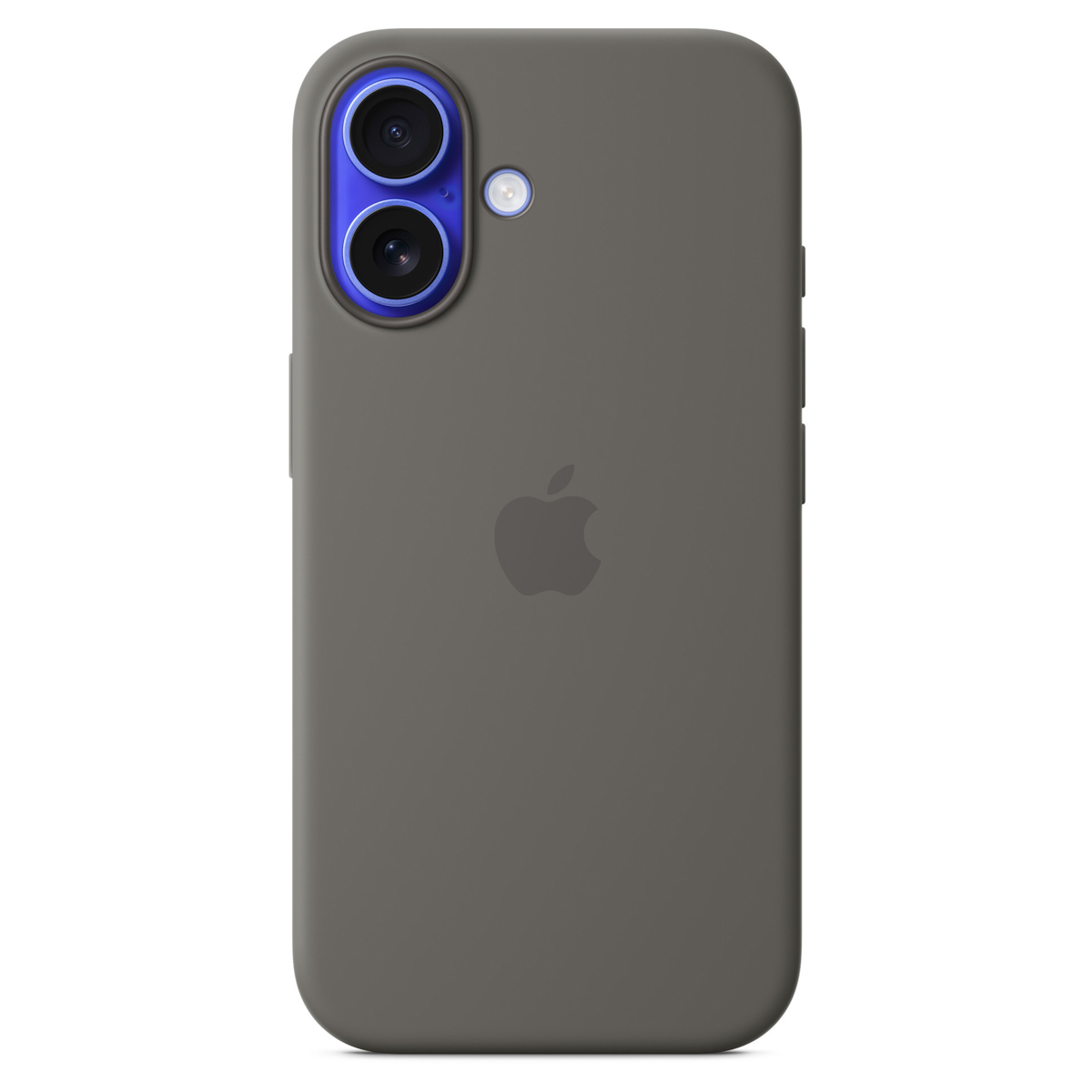 Una custodia grigia con fotocamera a doppia lente e logo Apple. Lo sfondo è bianco.
