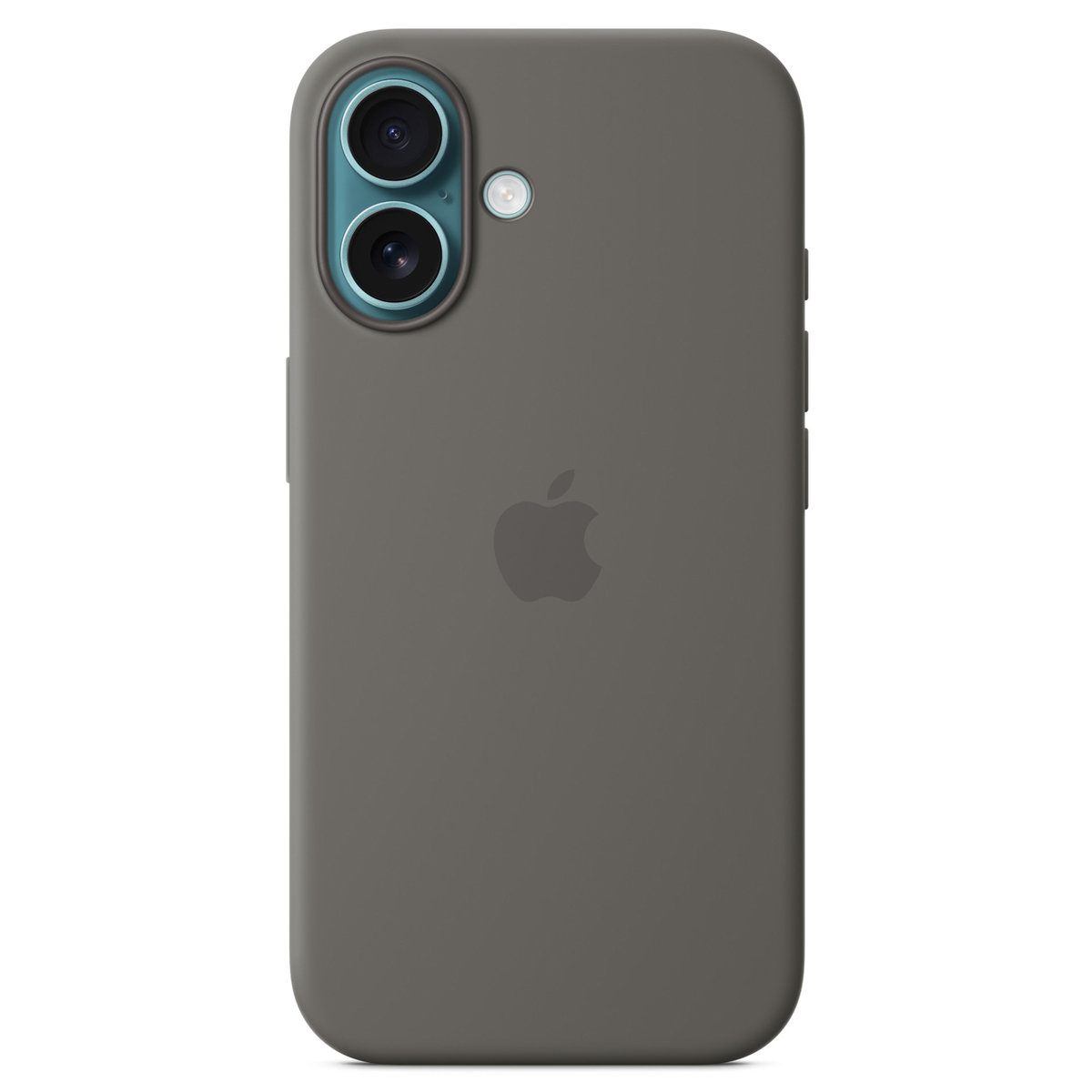 Una custodia grigia per telefono con modulo fotocamera. Il logo Apple è visibile. Lo sfondo è bianco.