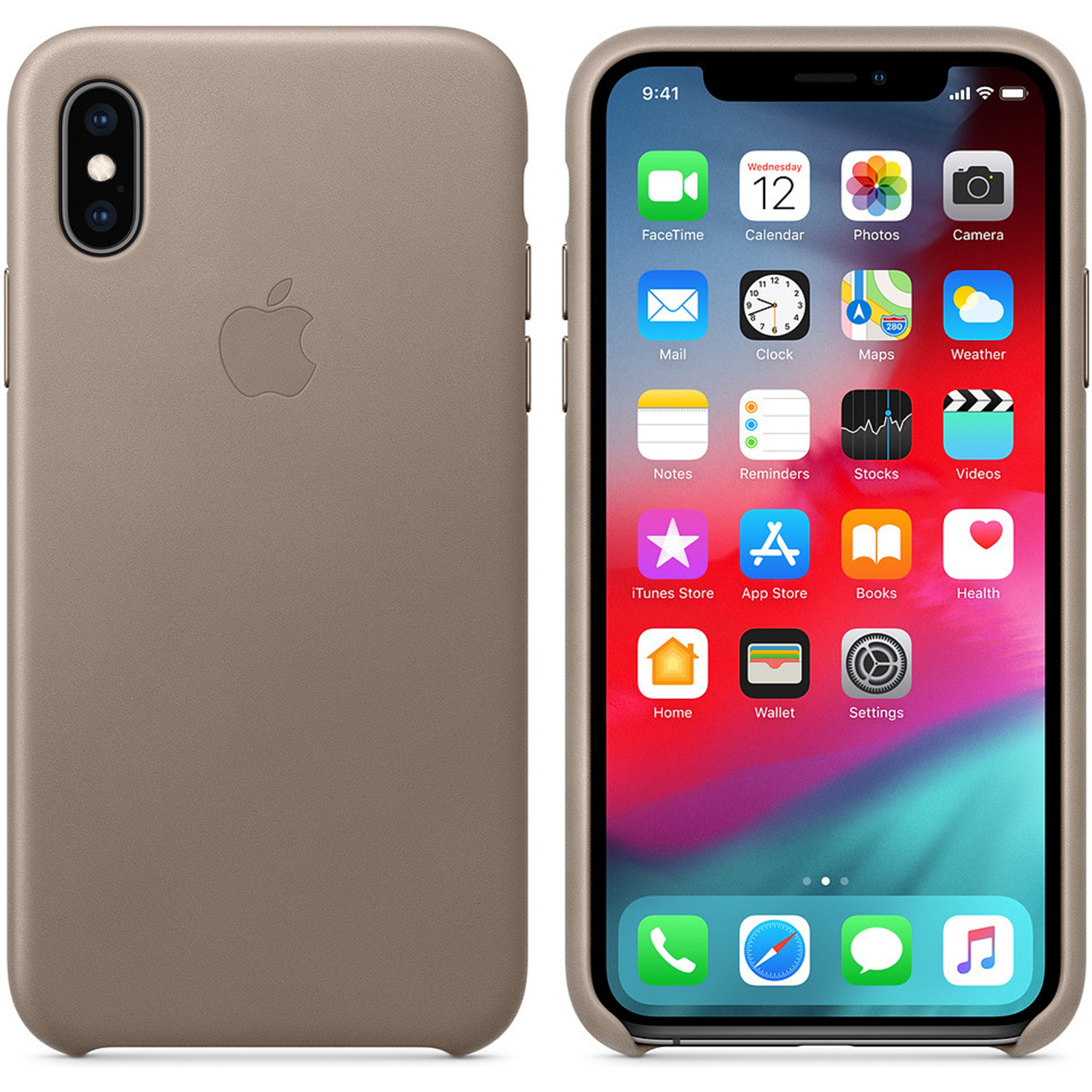 An iPhone X in a brown case. The screen displays app icons, time and date. The left side shows the camera and Apple logo.
