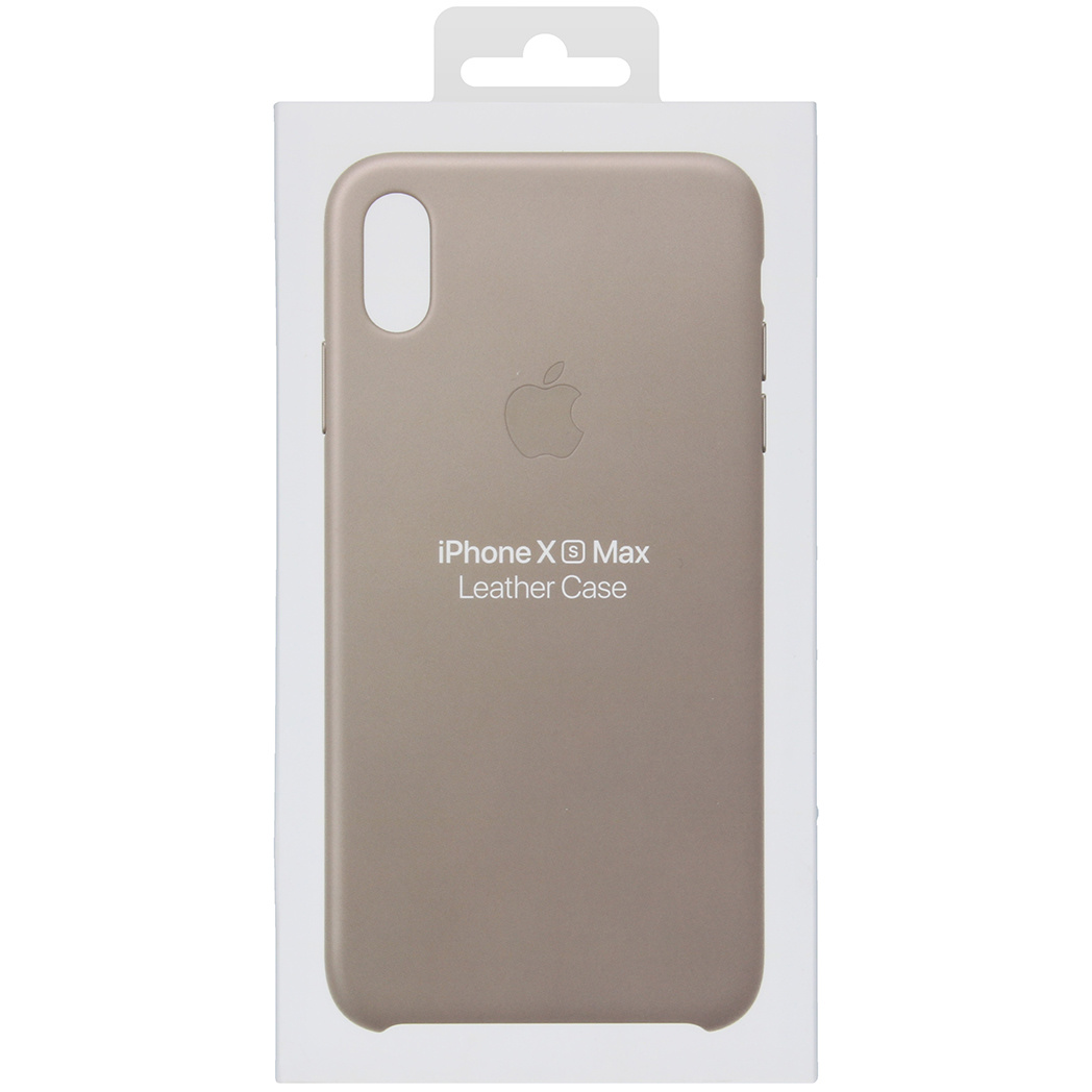 An iPhone XS Max leather case in a box. The case is taupe with an Apple logo and text that reads 'iPhone XS Max Leather Case'.