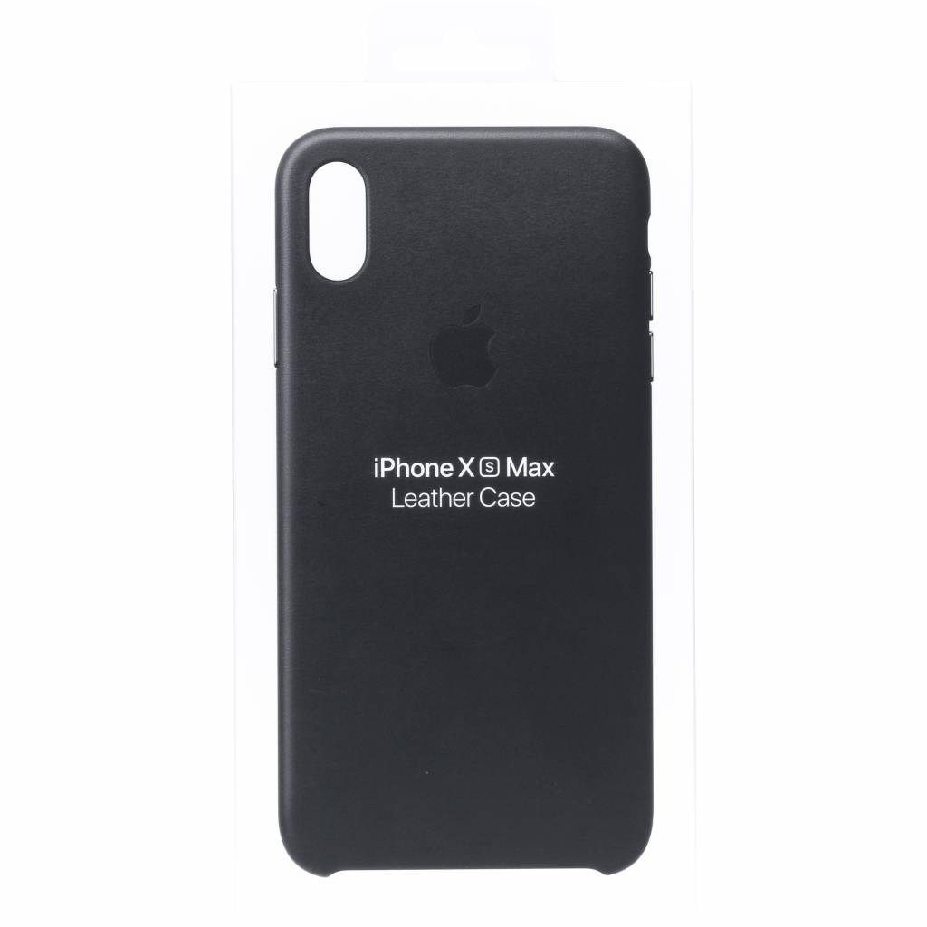 Black iPhone Xs Max leather case, Apple logo, and product name. Packaged in a transparent plastic container against a white backdrop.