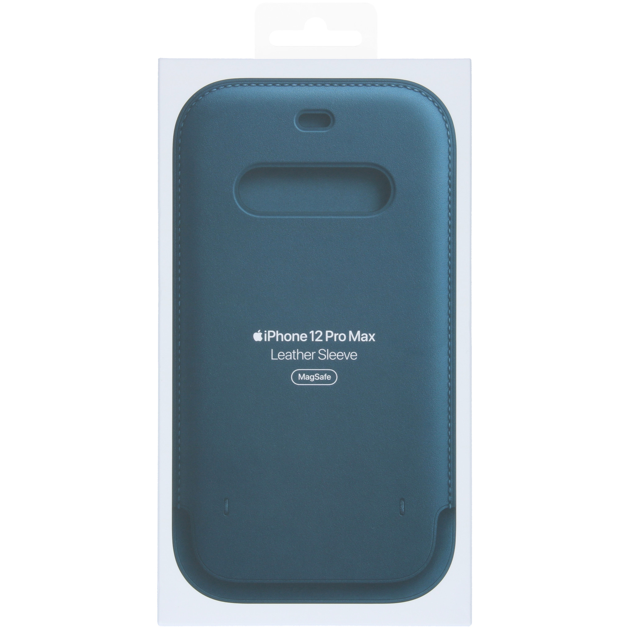 A teal iPhone 12 Pro Max leather sleeve in a clear plastic case. The case has a hang tab.
