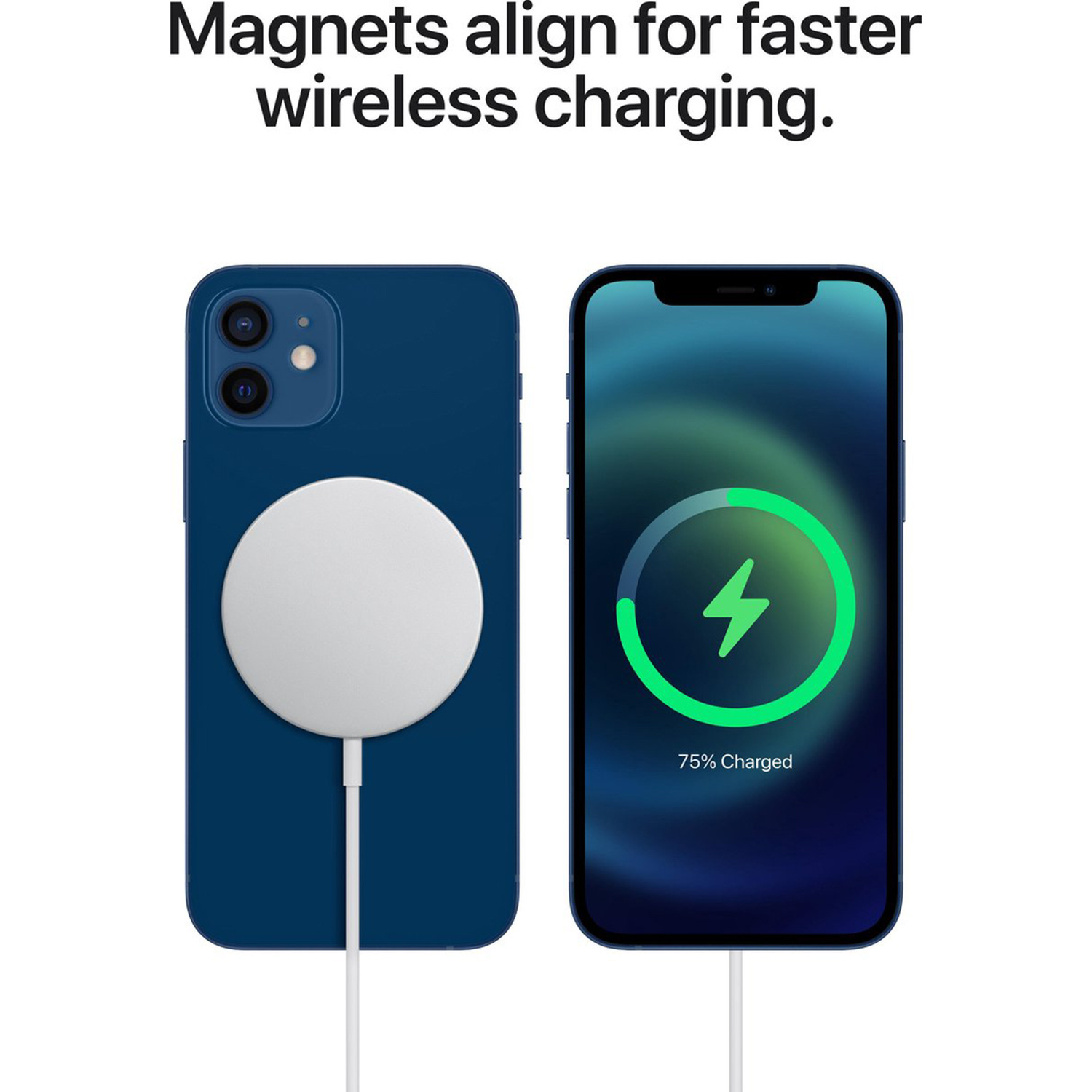 Two blue smartphones, one charging with a white magnetic charger. The other shows a charging screen, 75% charged.