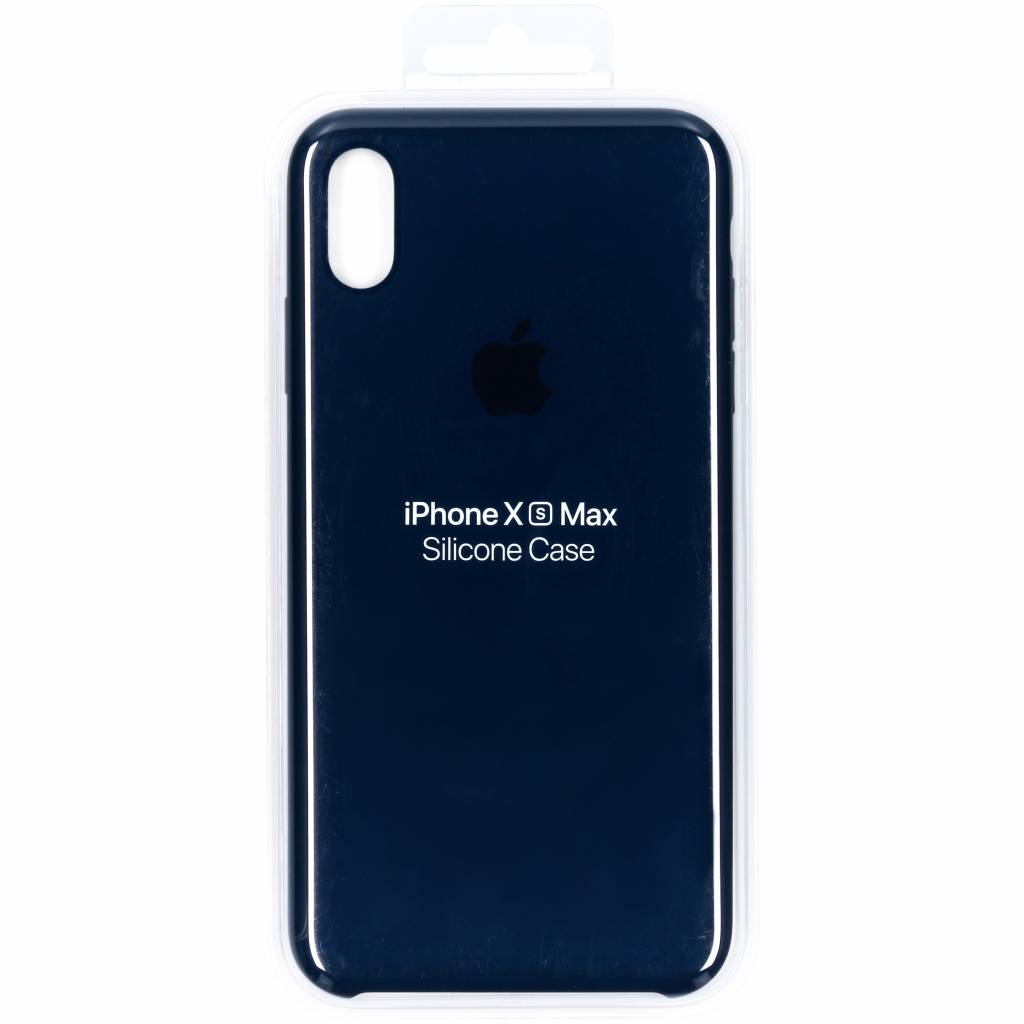Une coque en silicone bleu foncé pour iPhone XS Max dans un emballage plastique transparent. Le logo Apple et le texte sont visibles.