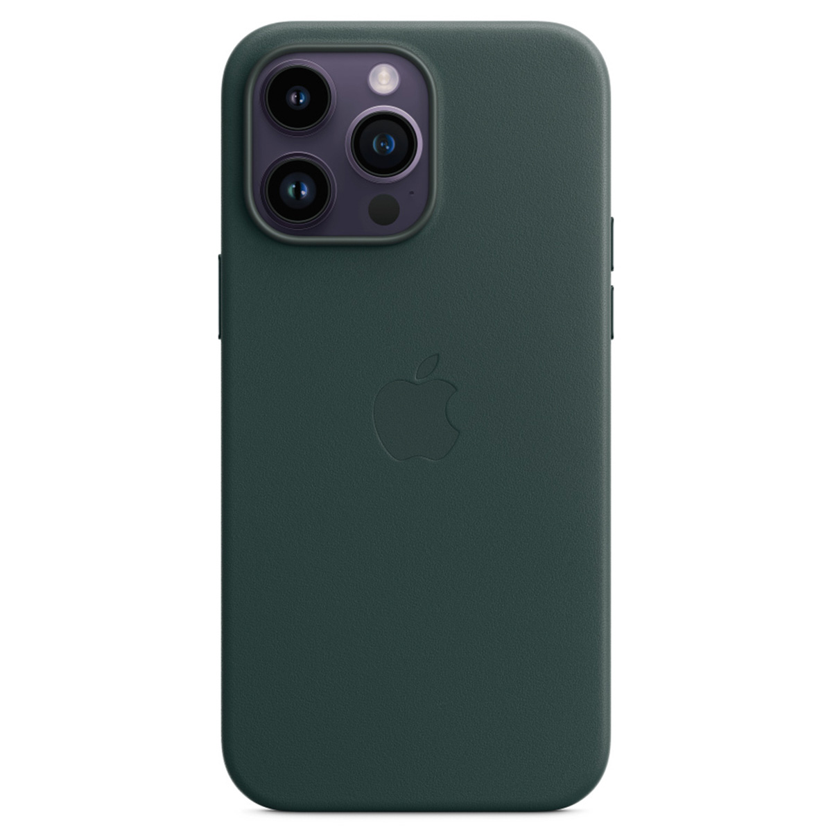 Een donkergroene iPhone-hoes met het Apple-logo en cameralenzen. De achtergrond is wit.