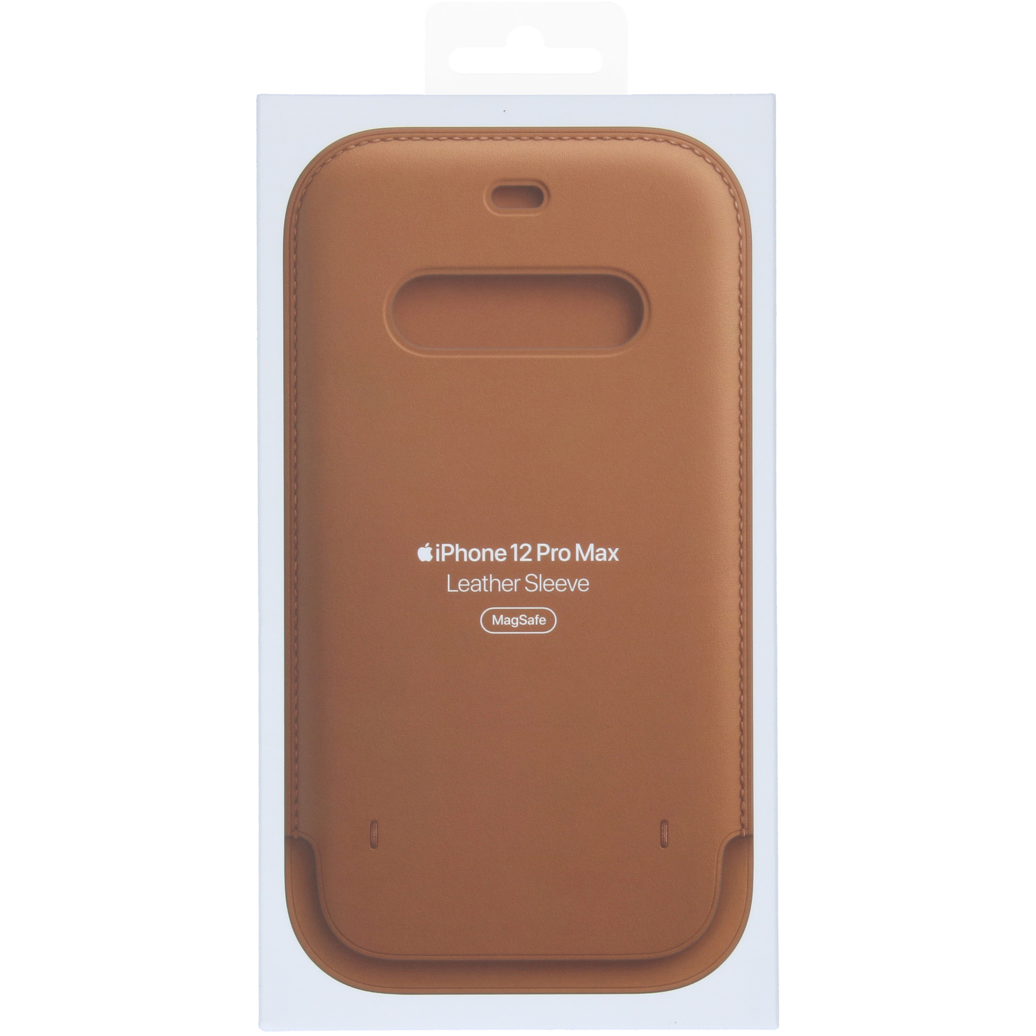 A brown leather iPhone 12 Pro Max sleeve in a white box. The sleeve has an opening for the camera.