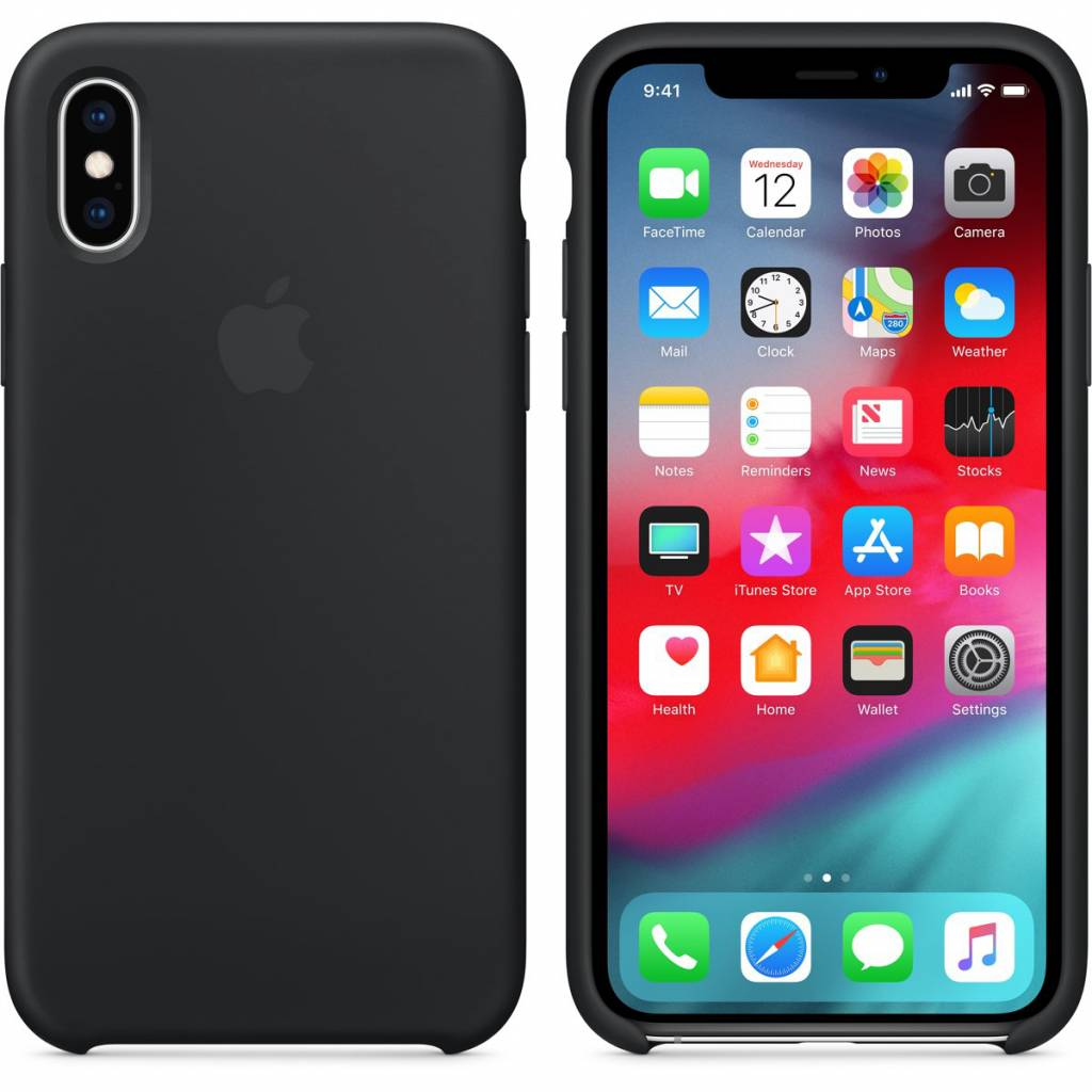 Ein schwarzes iPhone X auf weißem Hintergrund, der Bildschirm zeigt Apps und die Uhrzeit.