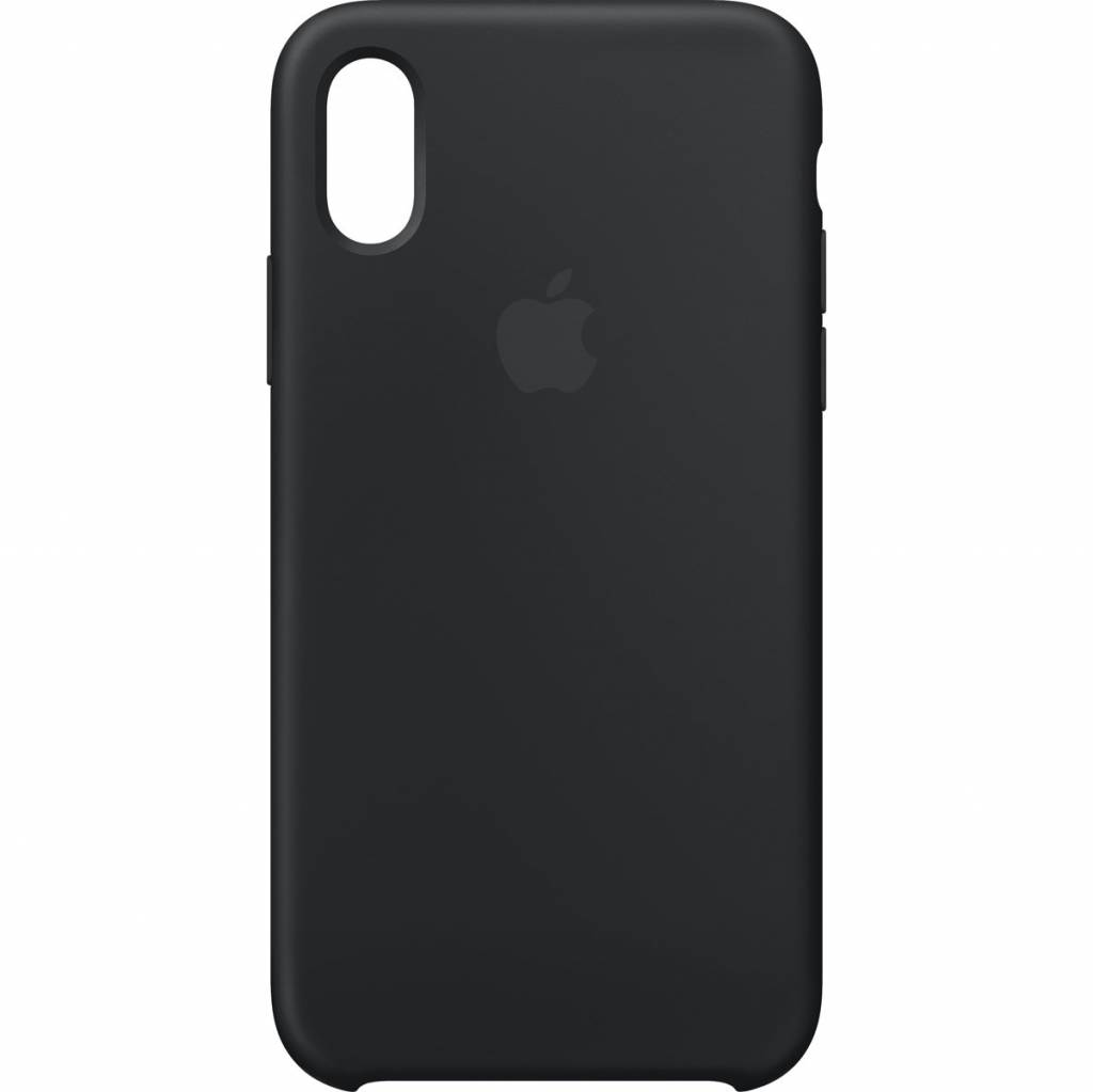 Eine schwarze iPhone-Hülle. Sie hat das Apple-Logo auf der Rückseite und einen Kameraausschnitt. Die Hülle ist glatt und matt.