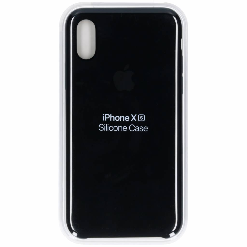Eine schwarze iPhone X Silikonhülle. Sie hat einen weißen Rahmen und das Apple-Logo. Text: 'iPhone X Silikonhülle'.