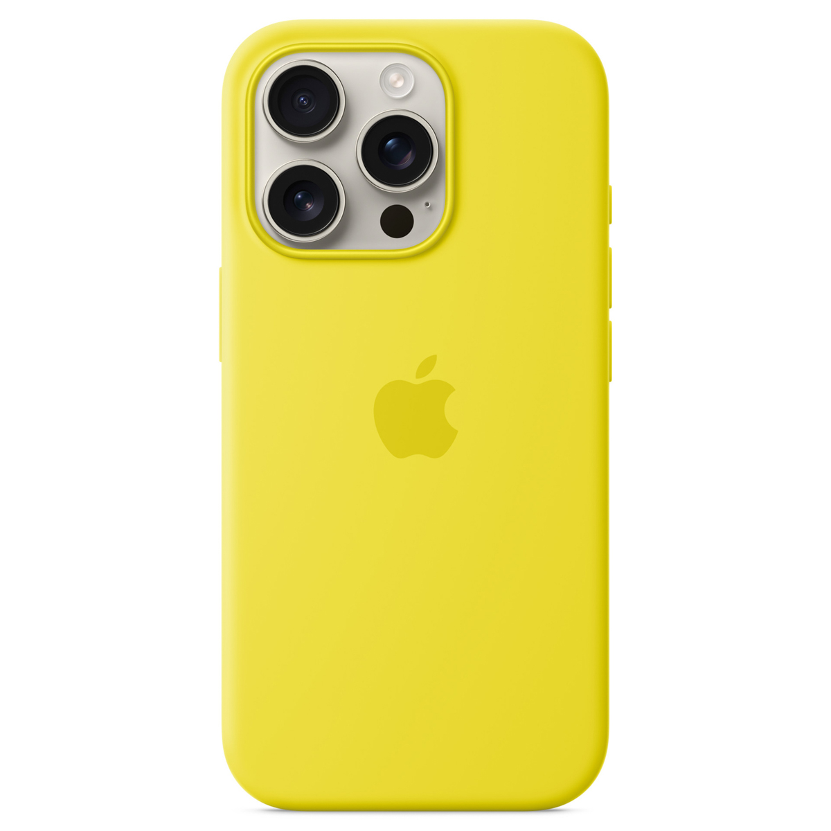 Una custodia gialla per iPhone con tre lenti della fotocamera e un logo Apple. Lo sfondo è bianco.