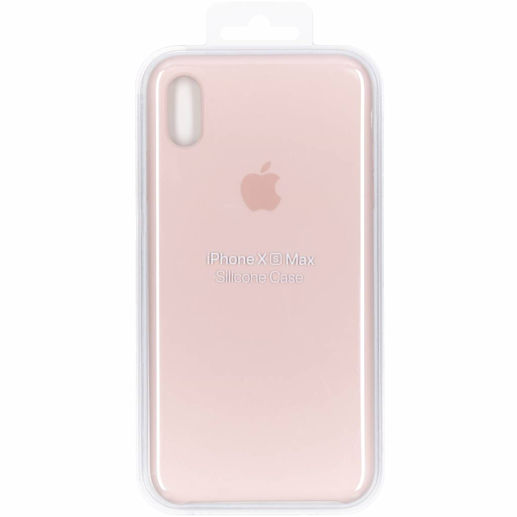 Een roze iPhone X Max siliconen hoesje in een doorzichtige plastic verpakking. Het Apple-logo is zichtbaar. Tekst: 'iPhone X Max Silicone Case'.