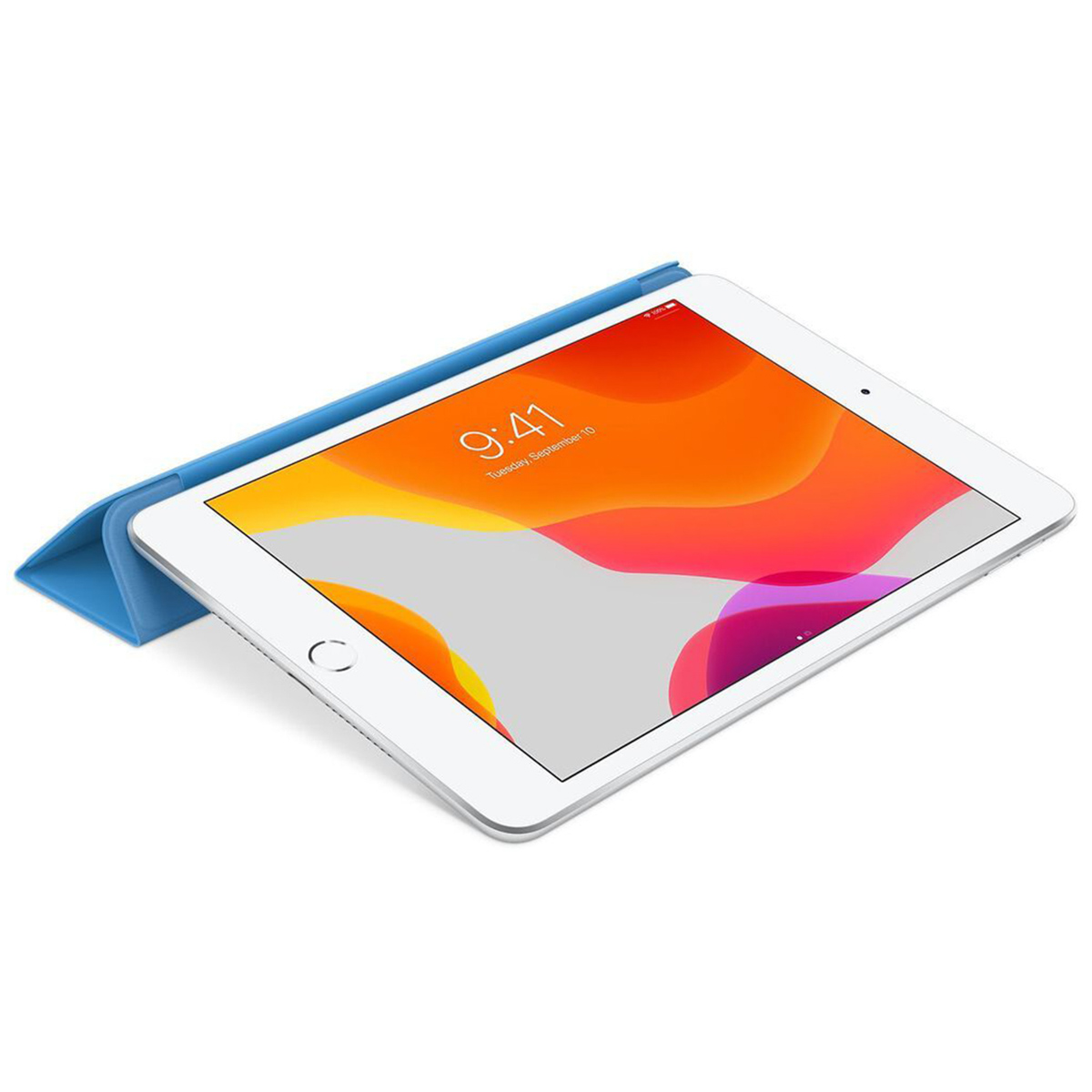 Ein iPad mit blauem Gehäuse liegt auf einer weißen Oberfläche. Der Bildschirm zeigt die Uhrzeit 9:41. Der Hintergrund ist weiß.