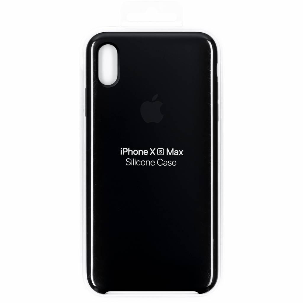 Schwarze iPhone X Max Silikonhülle in einer durchsichtigen Kunststoffverpackung. Apple-Logo und 'iPhone X Max Silicone Case' sind sichtbar.